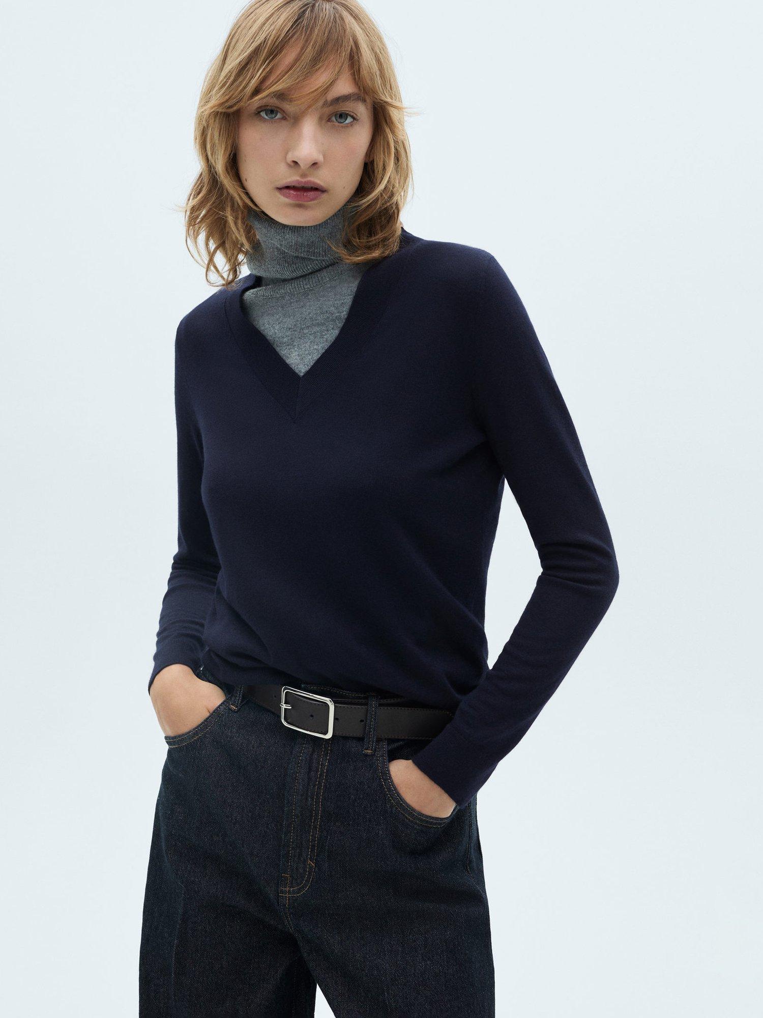 Product image 1 of 7, which shows Mango Lucca Wool Blend V-Neck Jumper, Navy, XXS