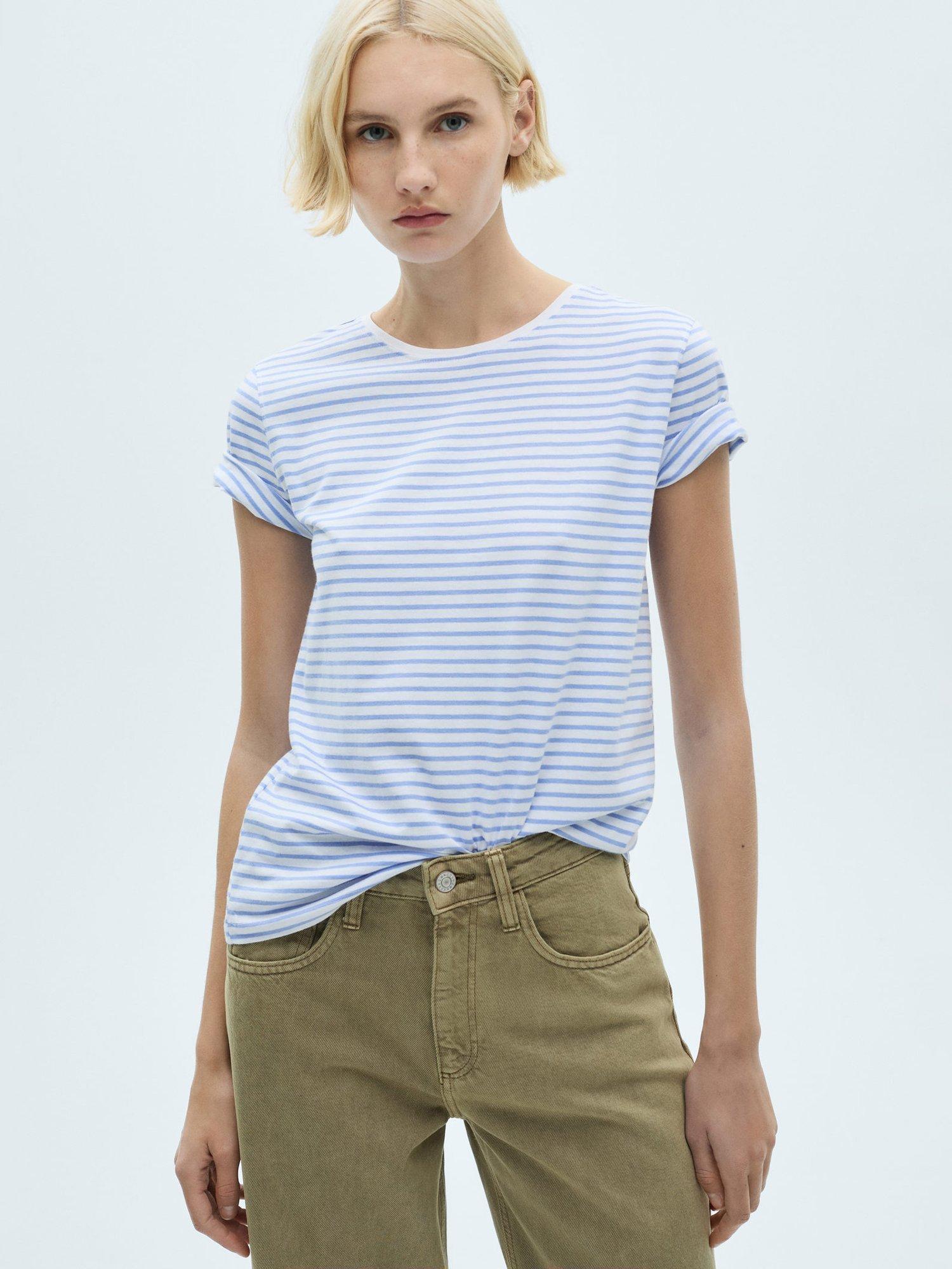 Mango Chalaca Stripe Round Neck T-Shirt, Light Pastel Blue