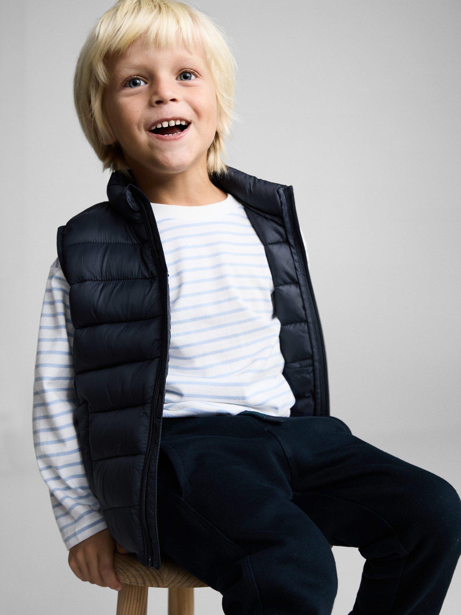 Product image 1 of 6, which shows Mango Kids' Alvarito Quilted Gilet, Navy, 9-18 months