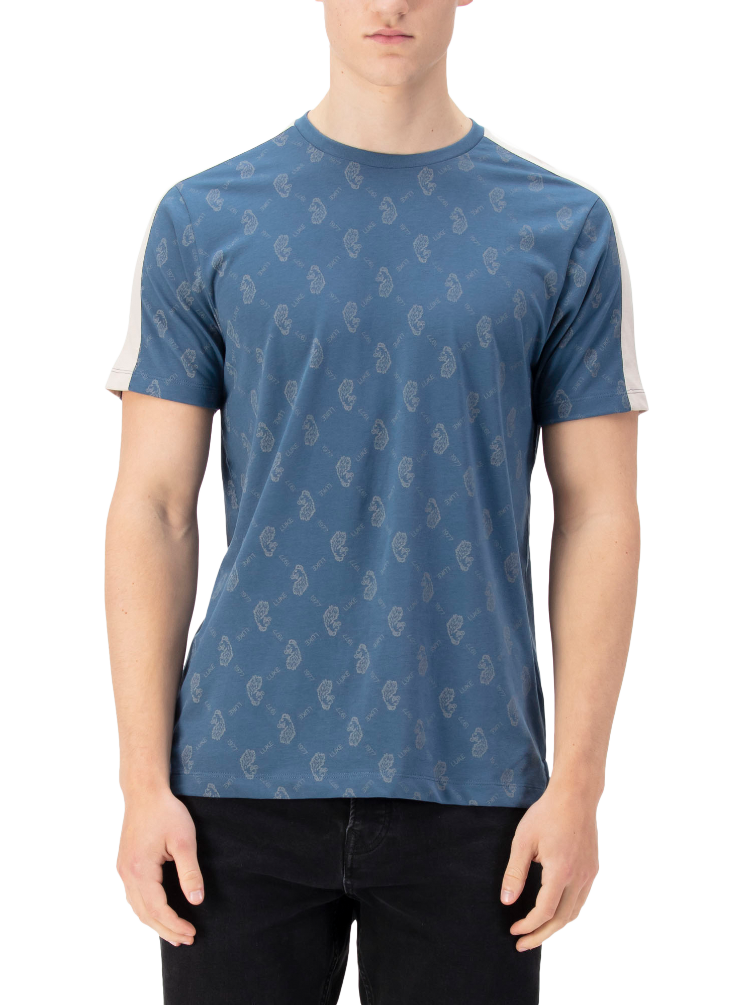 Product image 1 of 6, which shows LUKE 1977 Ramos Cotton Regular Fit Short Sleeve Logo T-Shirt, Denim Blue, XS