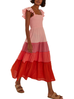 Accessorize Colourblock Tiered Maxi Dress, Pink/Multi, Pink/Multi