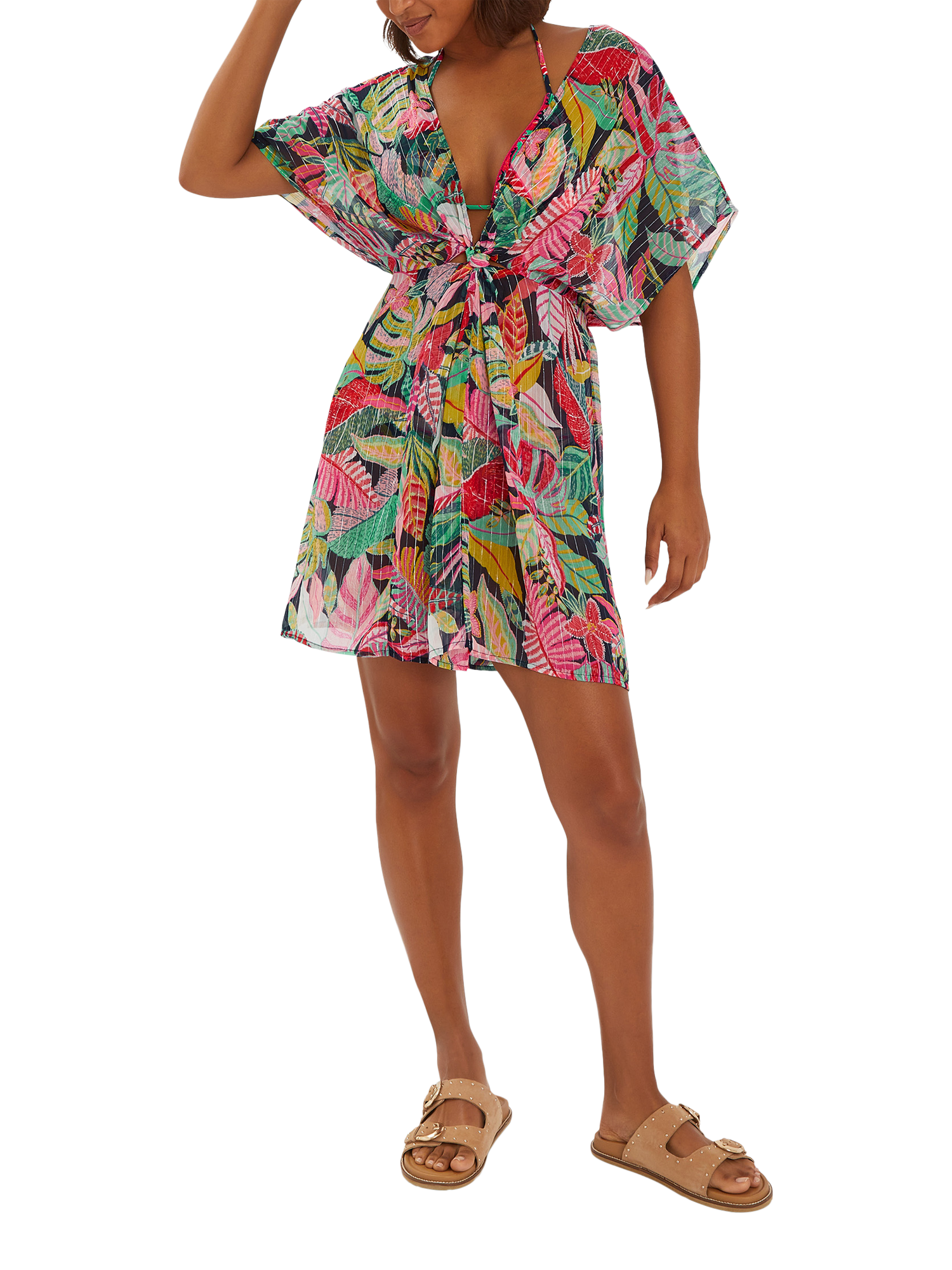 Product image 1 of 4, which shows Accessorize Tropical Print Chiffon Kaftan, Black, XS