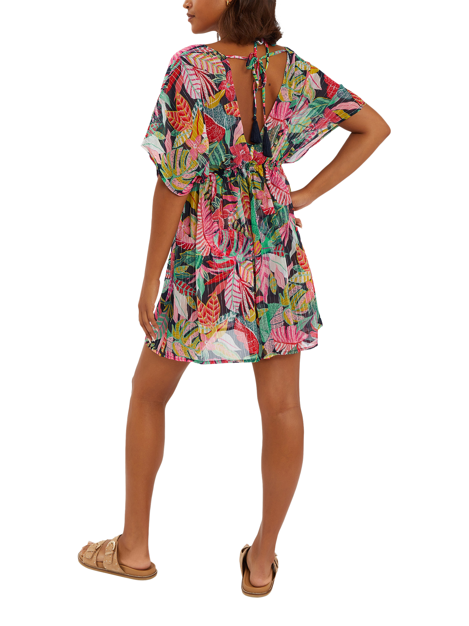 Product image 2 of 4, which shows Accessorize Tropical Print Chiffon Kaftan, Black, XS