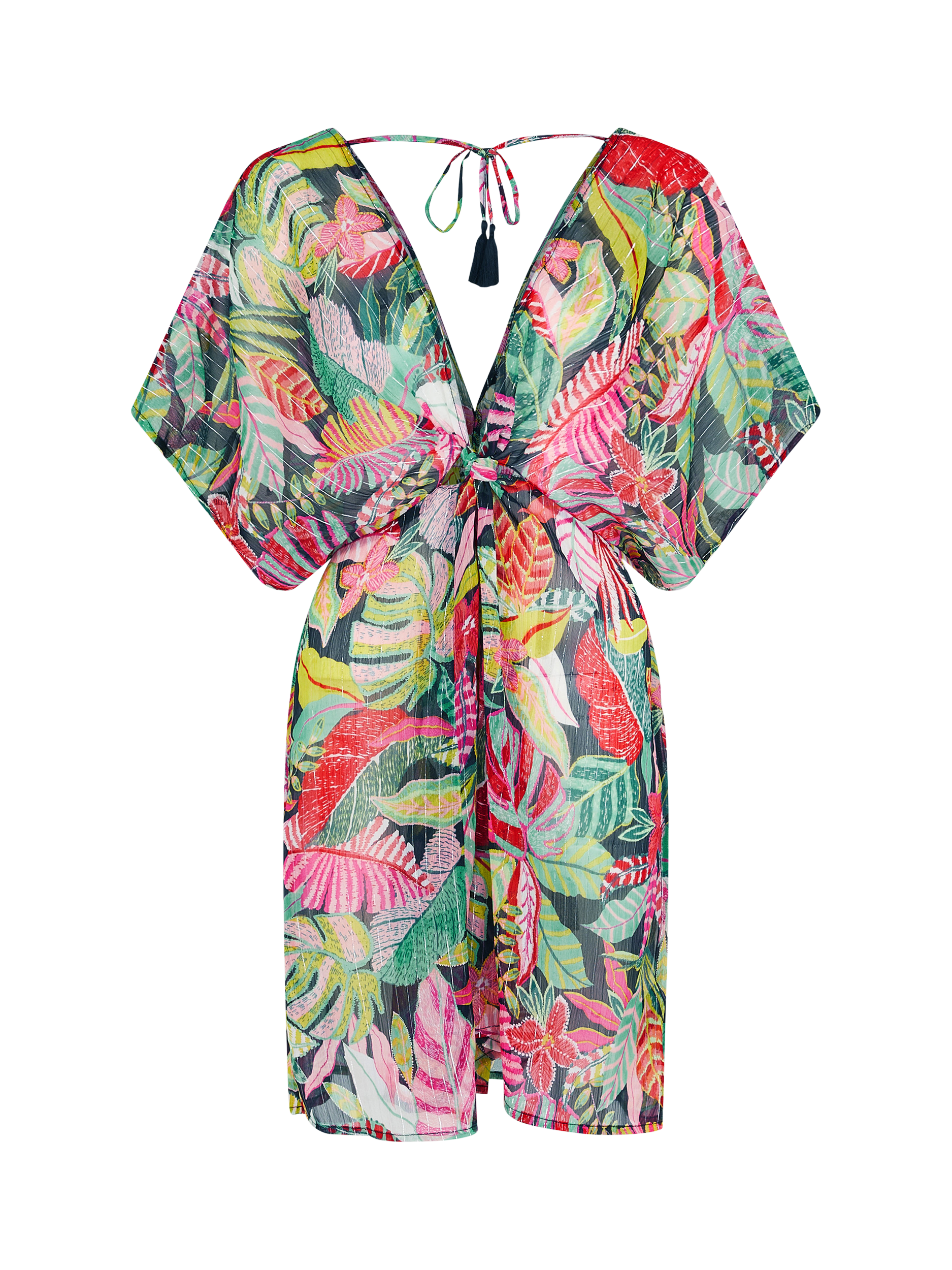 Product image 3 of 4, which shows Accessorize Tropical Print Chiffon Kaftan, Black, XS