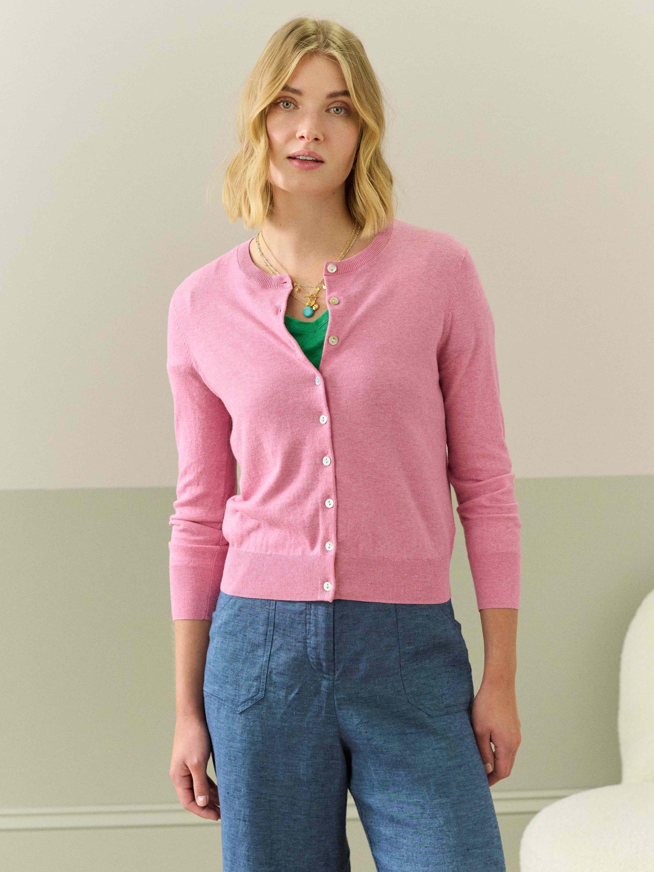 Product image 2 of 5, which shows Brora Cotton Knit Cardigan, Peony, 8
