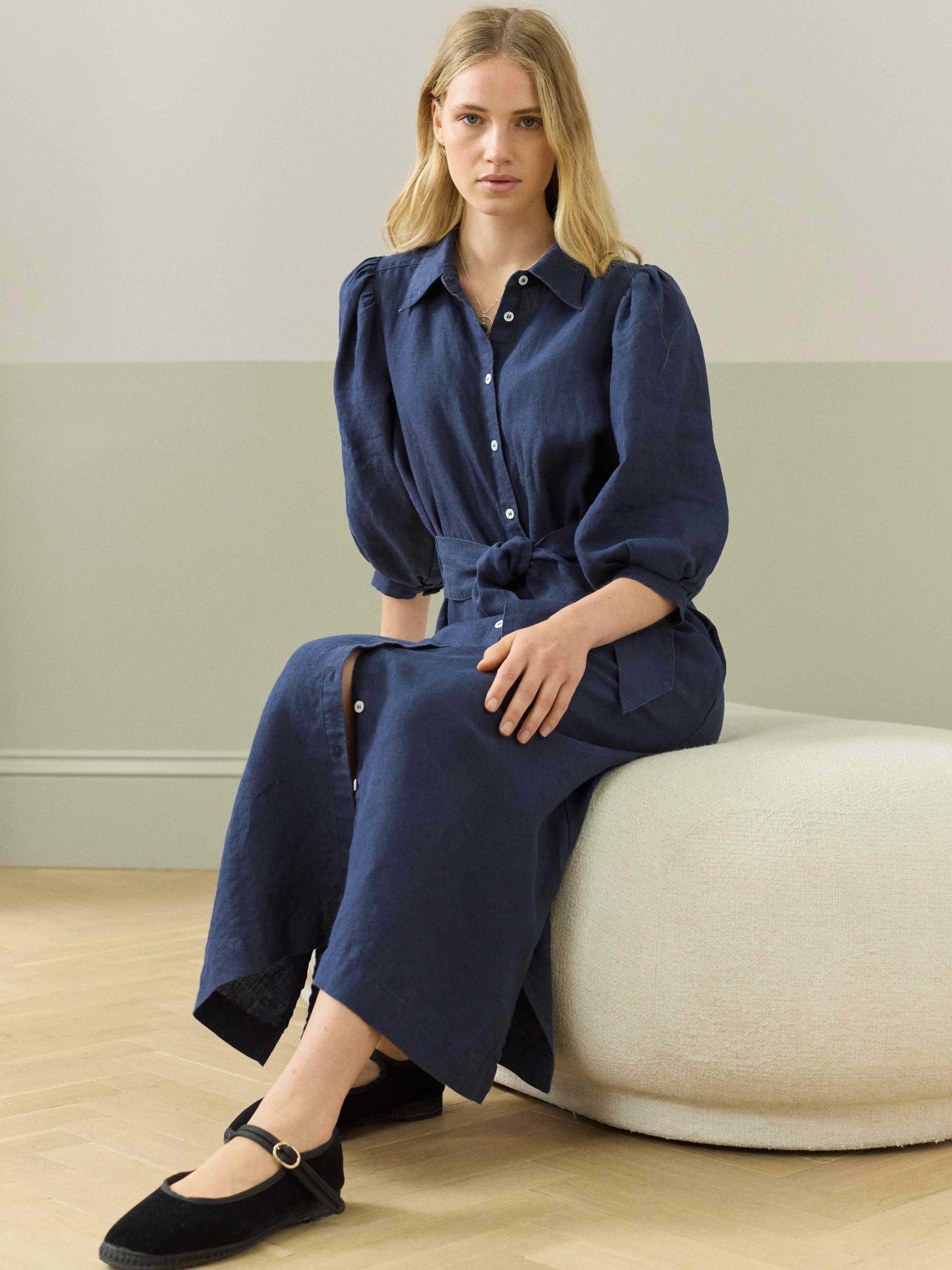 Product image 1 of 5, which shows Brora Linen Belted Midi Shirt Dress, Navy, 6