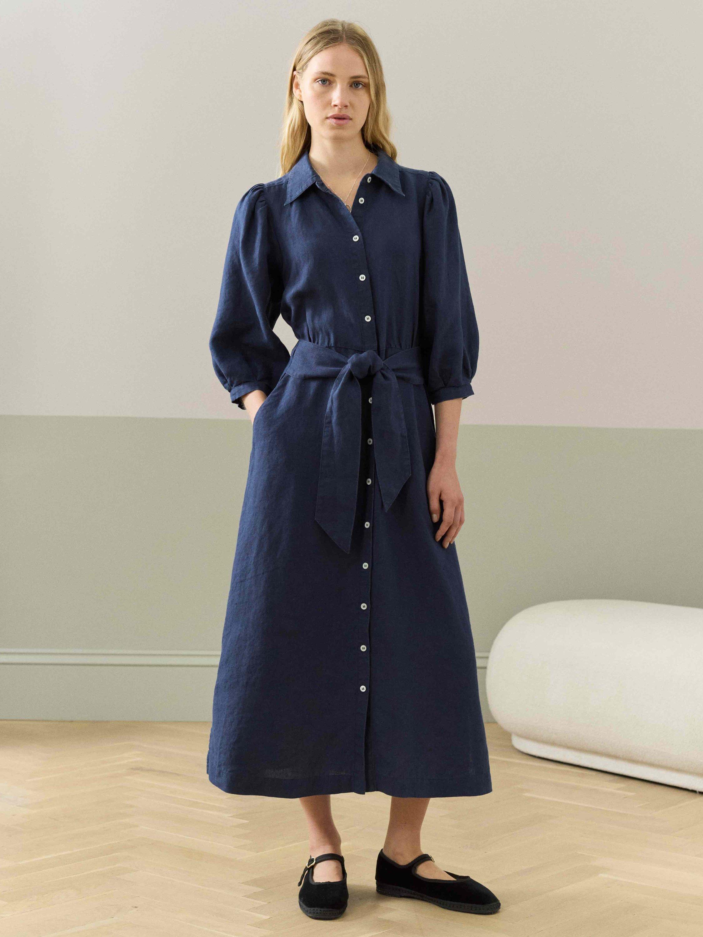 Product image 2 of 5, which shows Brora Linen Belted Midi Shirt Dress, Navy, 6