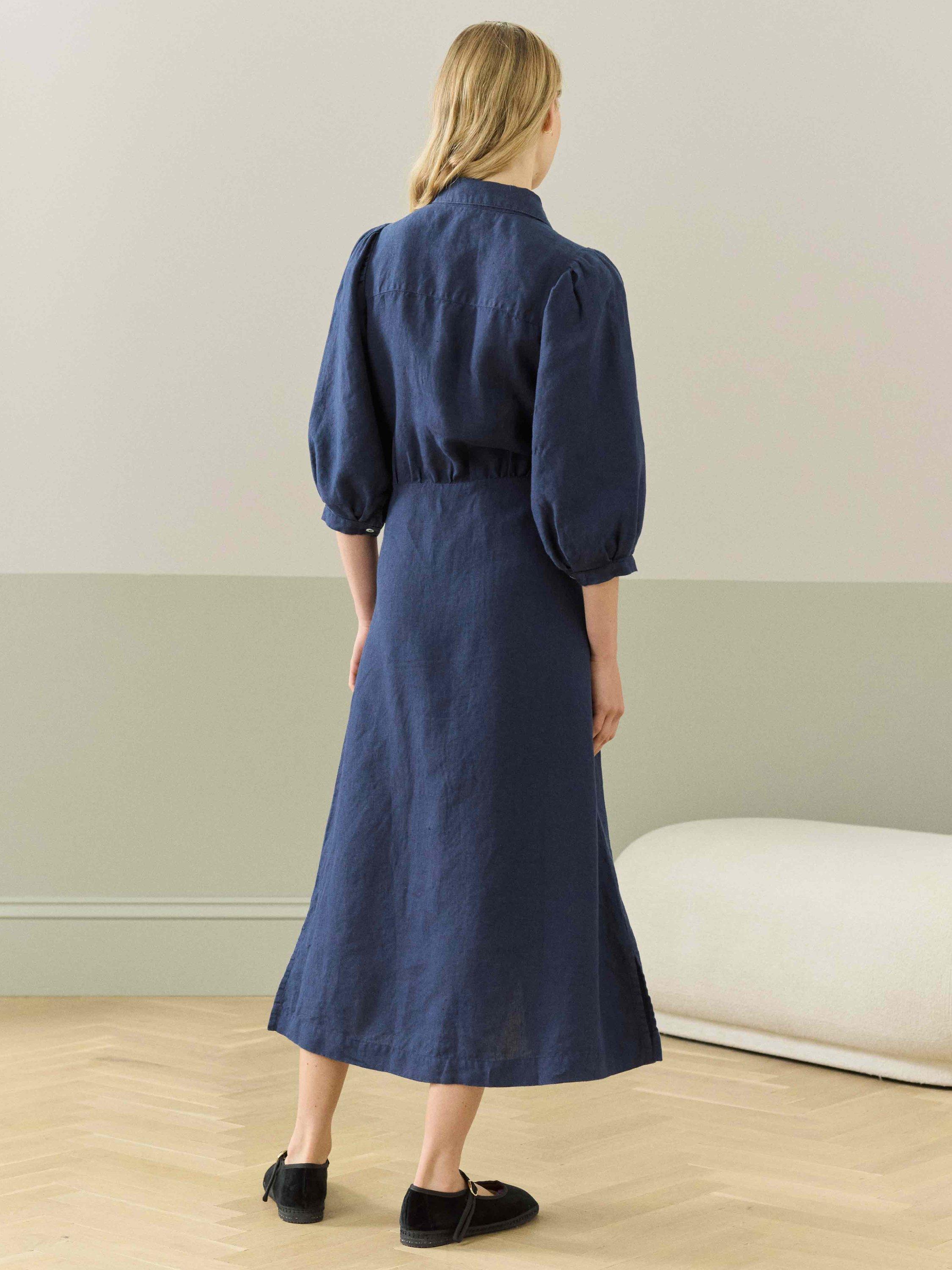 Product image 3 of 5, which shows Brora Linen Belted Midi Shirt Dress, Navy, 6