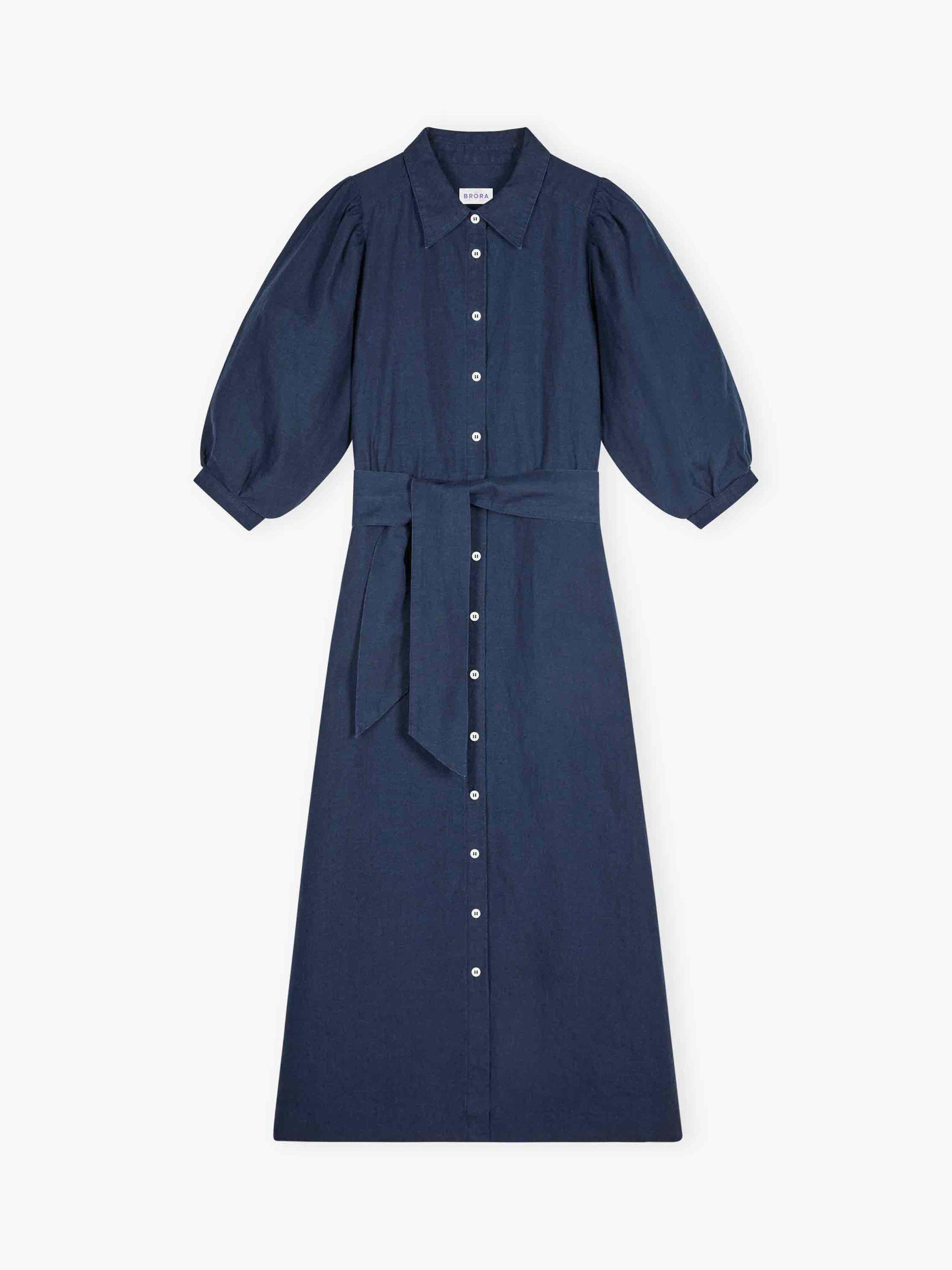 Product image 5 of 5, which shows Brora Linen Belted Midi Shirt Dress, Navy, 6