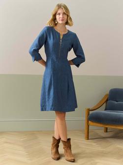 Brora Cross Weave Pure Linen Zip Dress, Mid Blue - view 2, Mid Blue