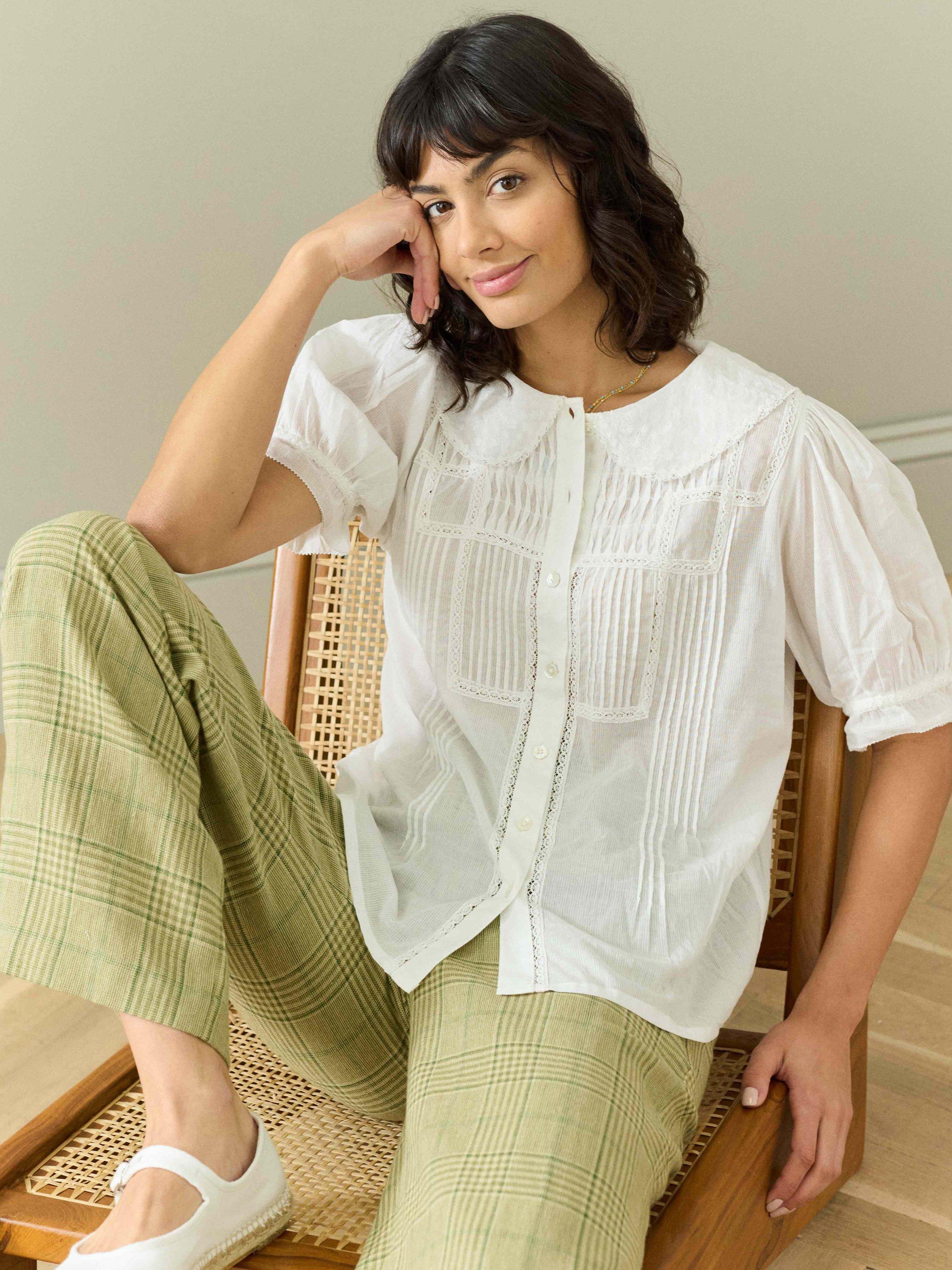 Brora Organic Cotton Lace Trim Blouse, White