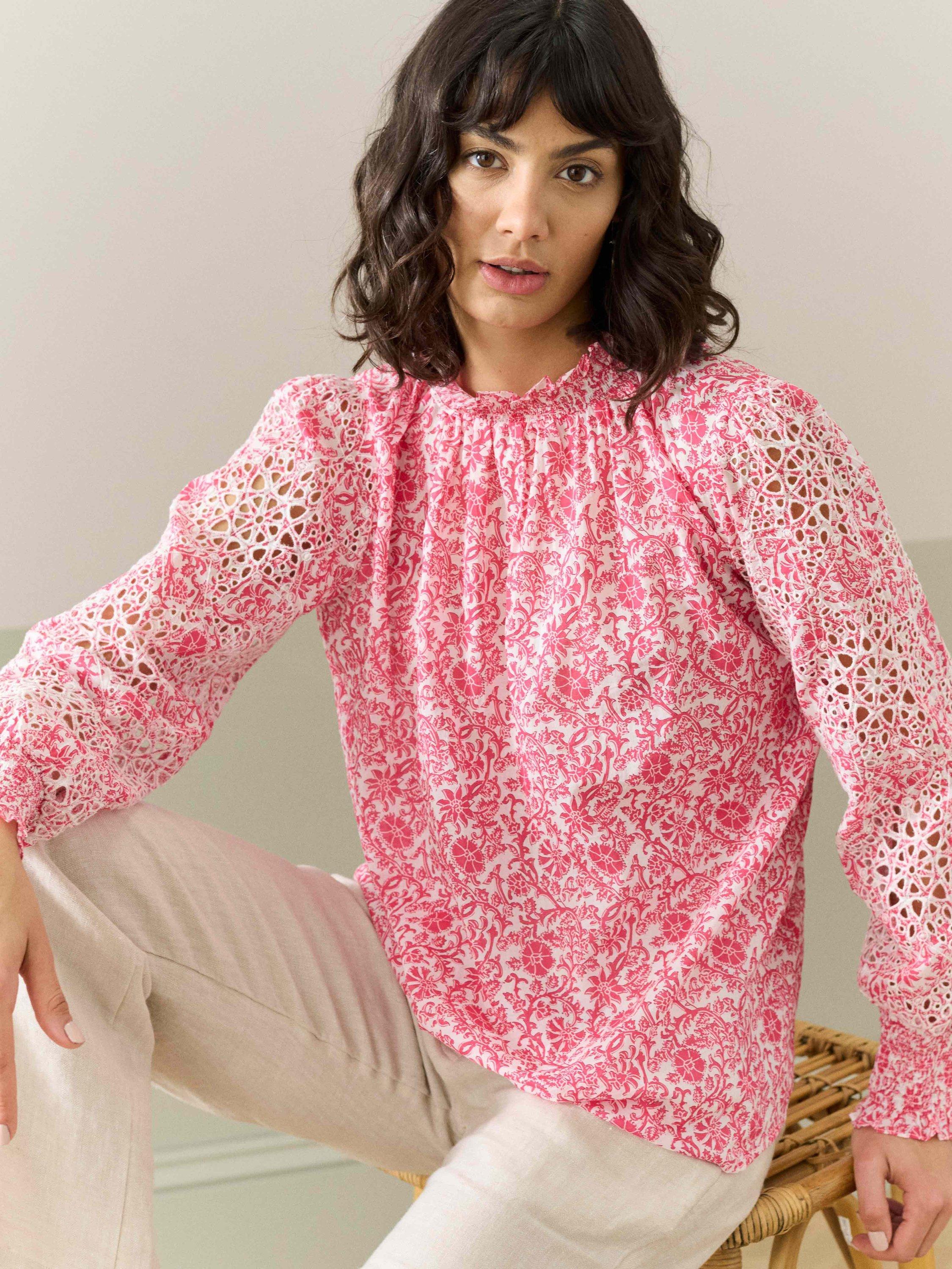 Product image 1 of 5, which shows Brora Organic Cotton Voile Blouse, Red/Multi, 6