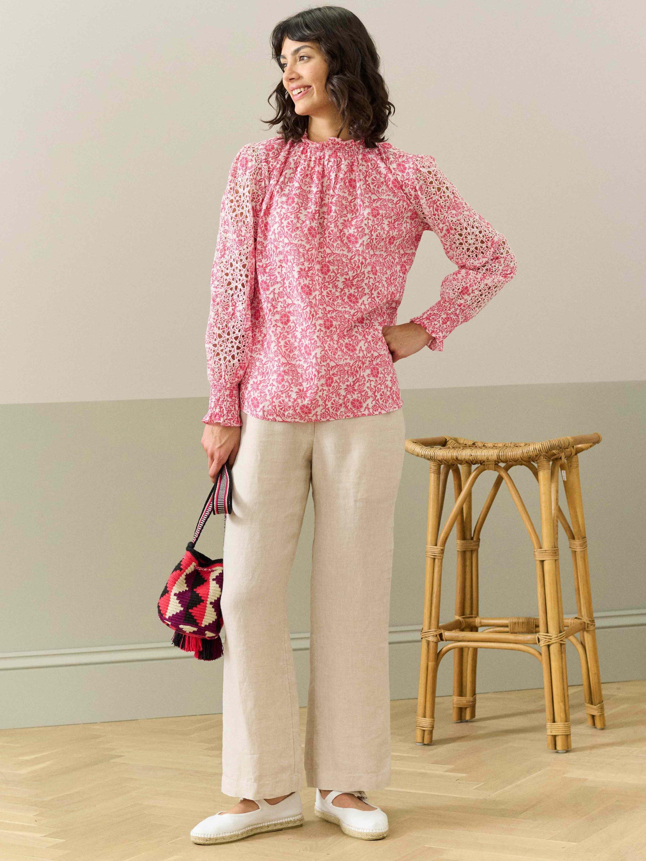 Product image 2 of 5, which shows Brora Organic Cotton Voile Blouse, Red/Multi, 6