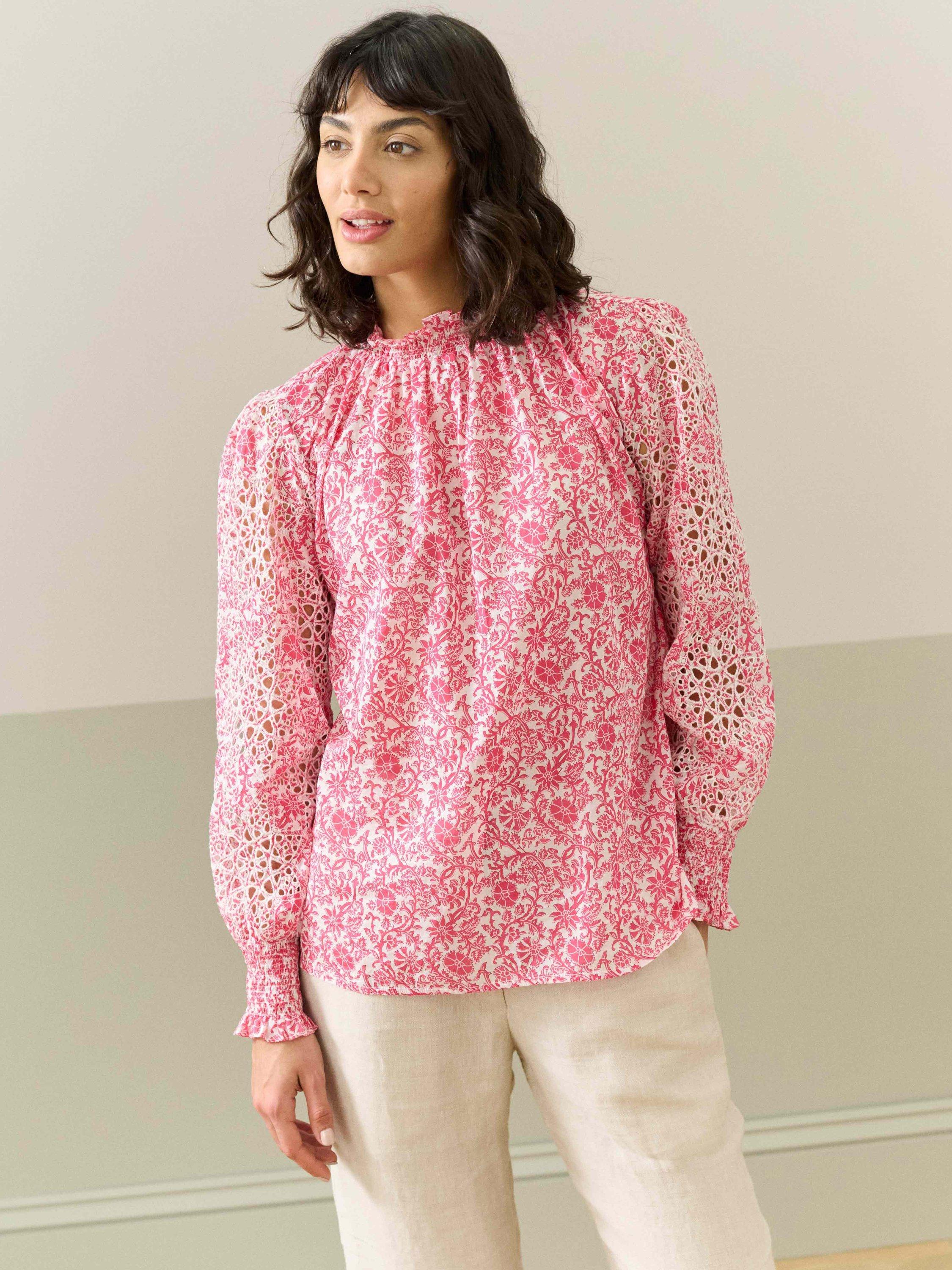 Product image 3 of 5, which shows Brora Organic Cotton Voile Blouse, Red/Multi, 6