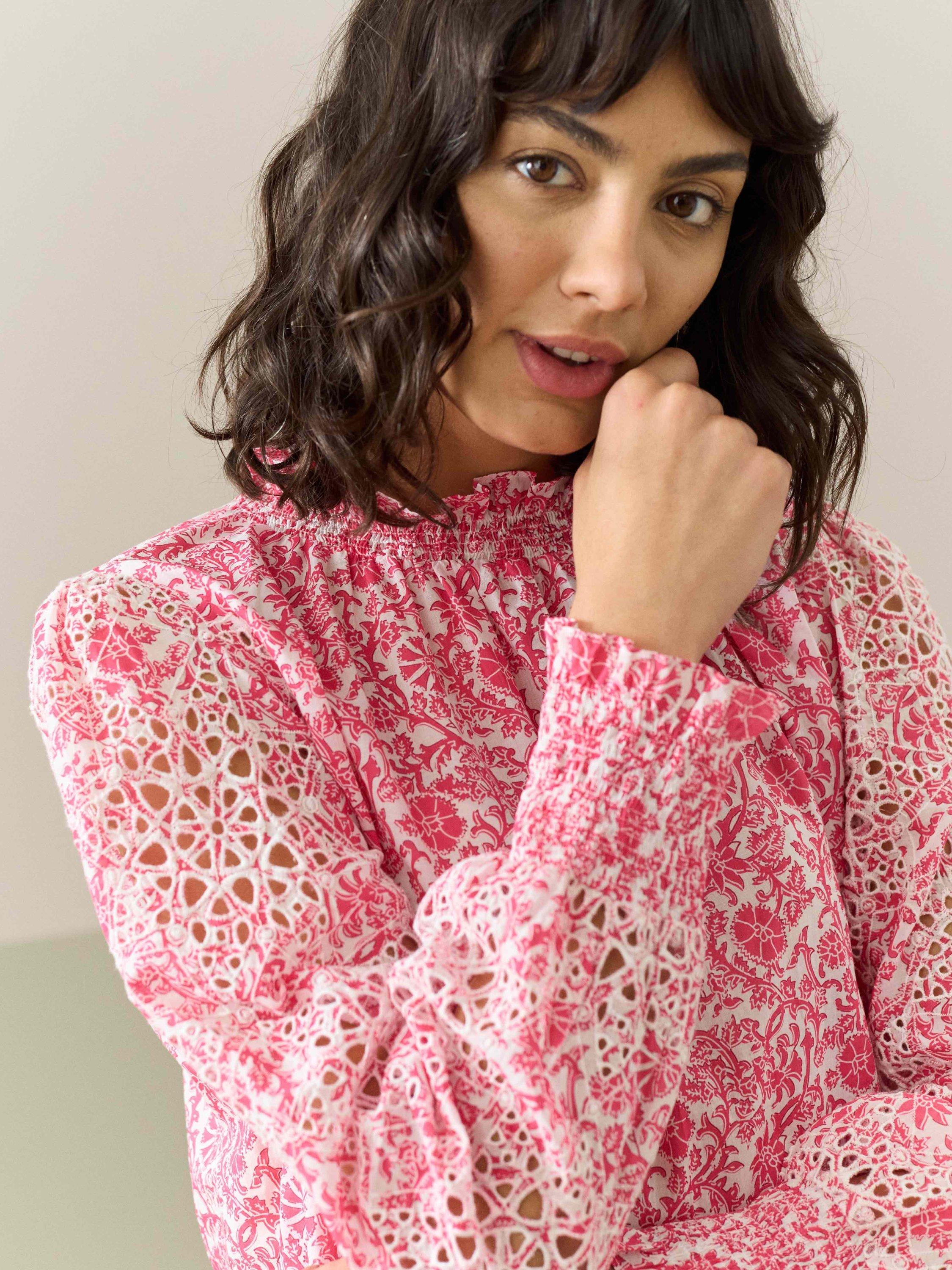 Product image 4 of 5, which shows Brora Organic Cotton Voile Blouse, Red/Multi, 6