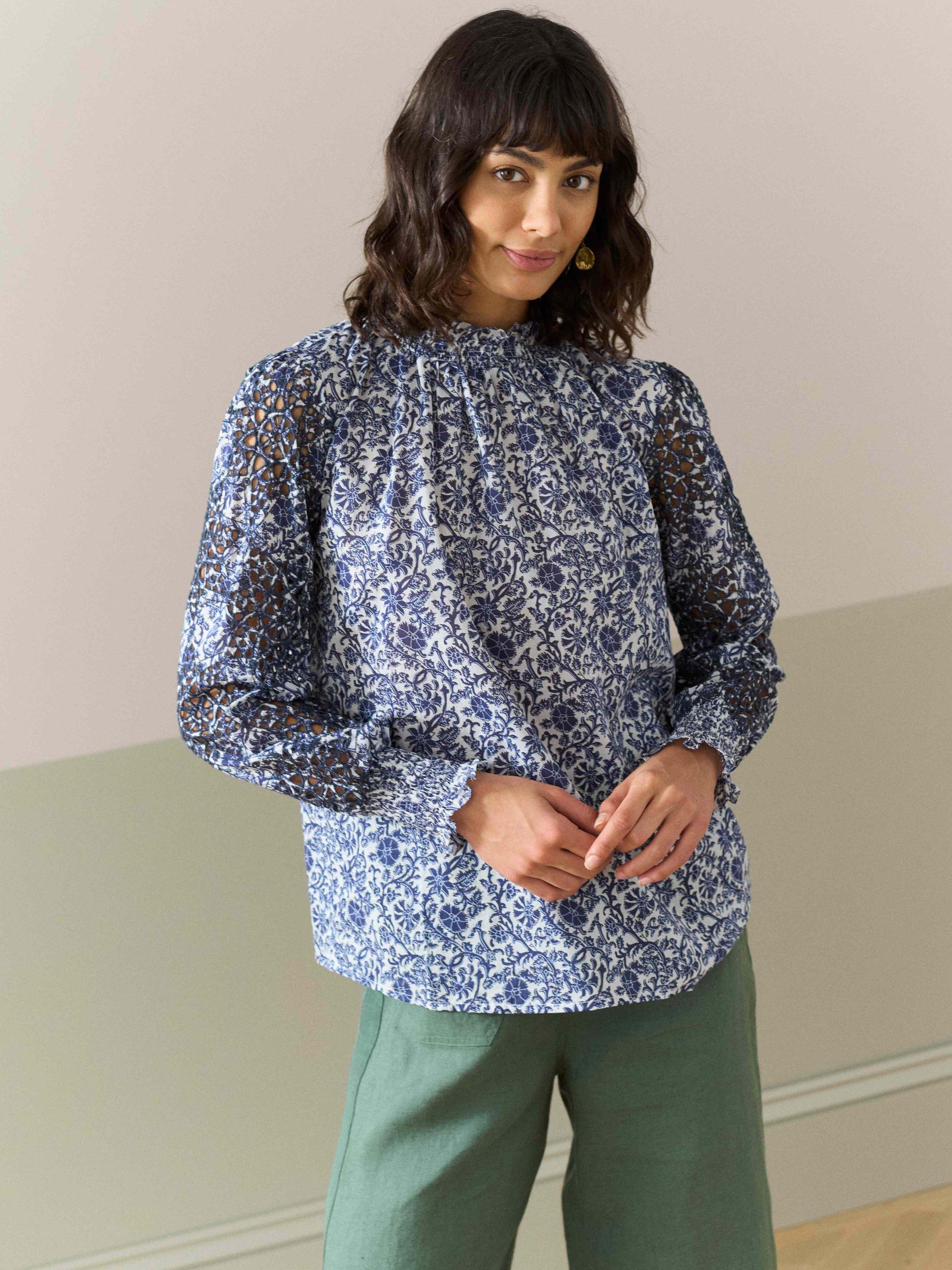 Product image 1 of 5, which shows Brora Organic Cotton Voile Blouse, Blue/Multi, 8