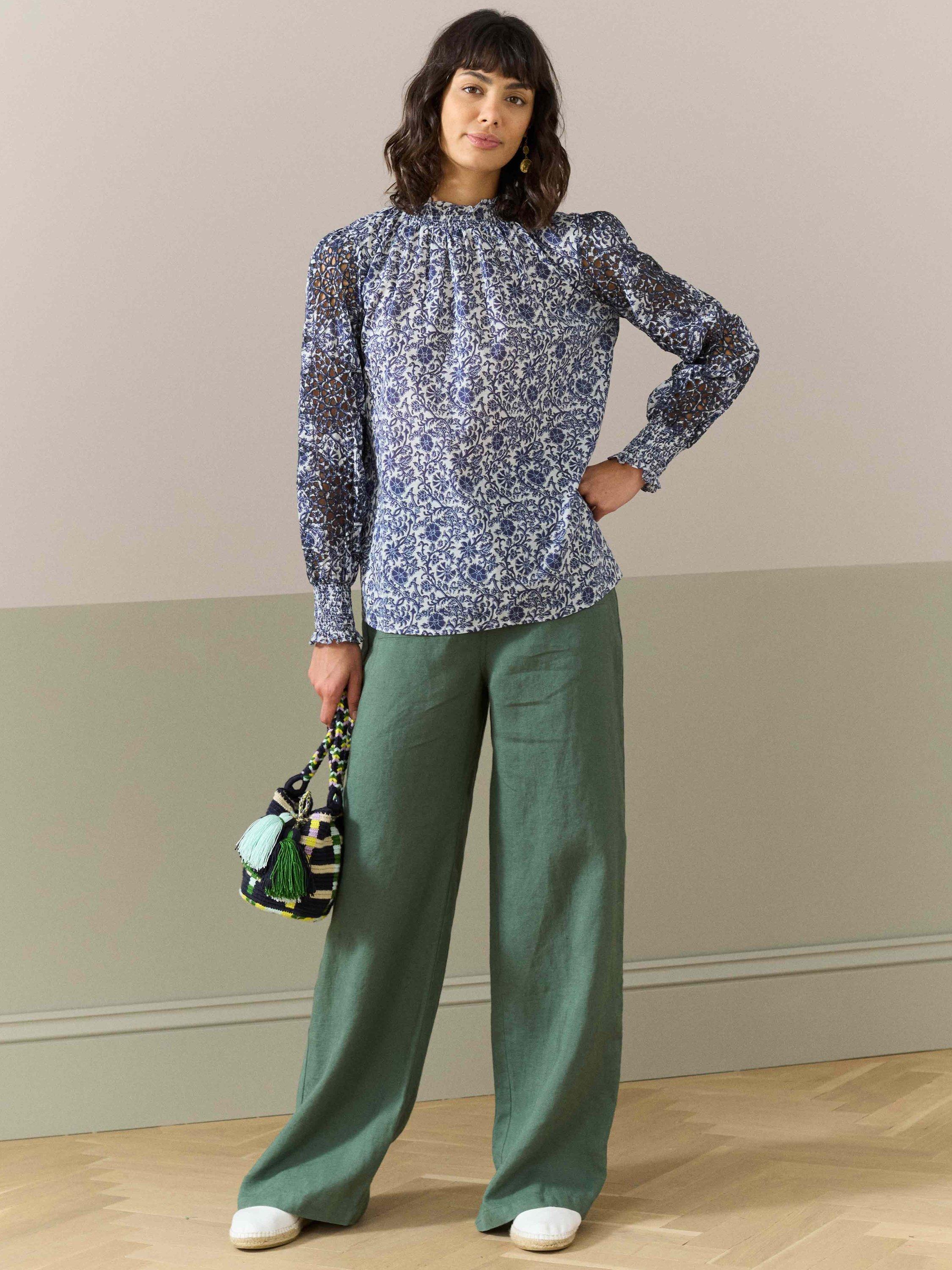 Product image 2 of 5, which shows Brora Organic Cotton Voile Blouse, Blue/Multi, 8