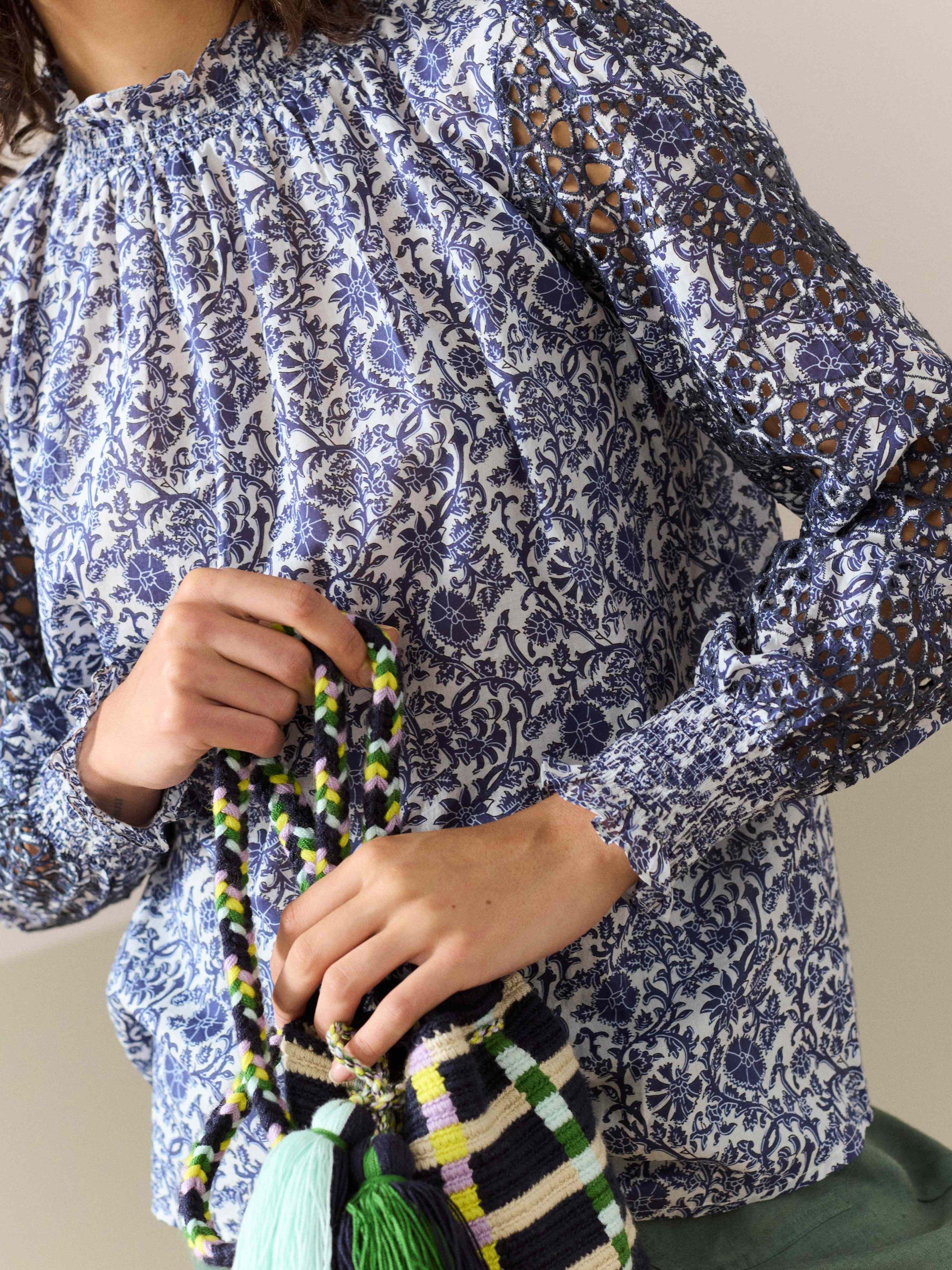 Product image 4 of 5, which shows Brora Organic Cotton Voile Blouse, Blue/Multi, 8