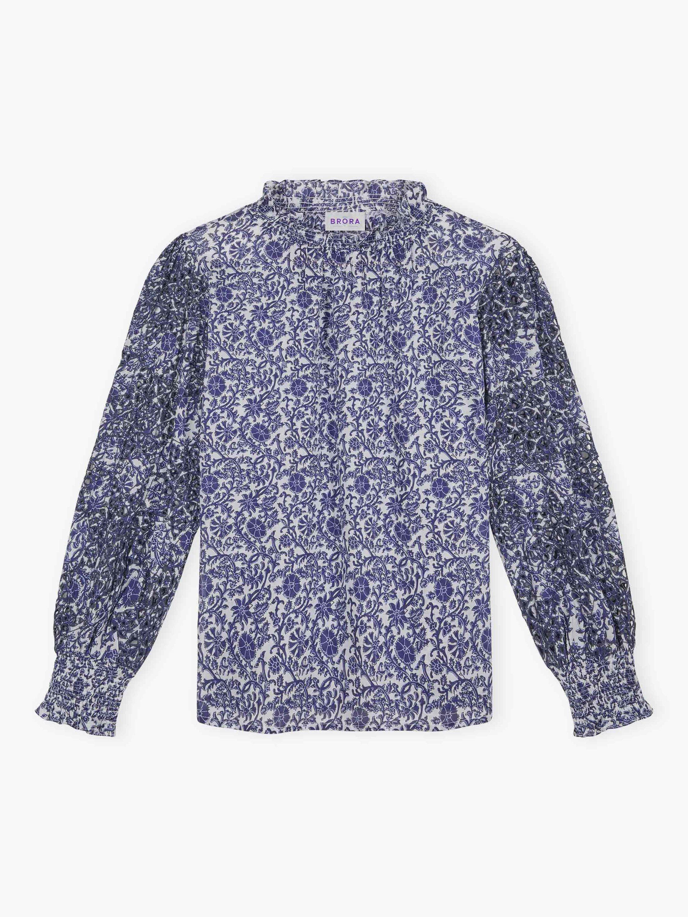 Product image 5 of 5, which shows Brora Organic Cotton Voile Blouse, Blue/Multi, 8