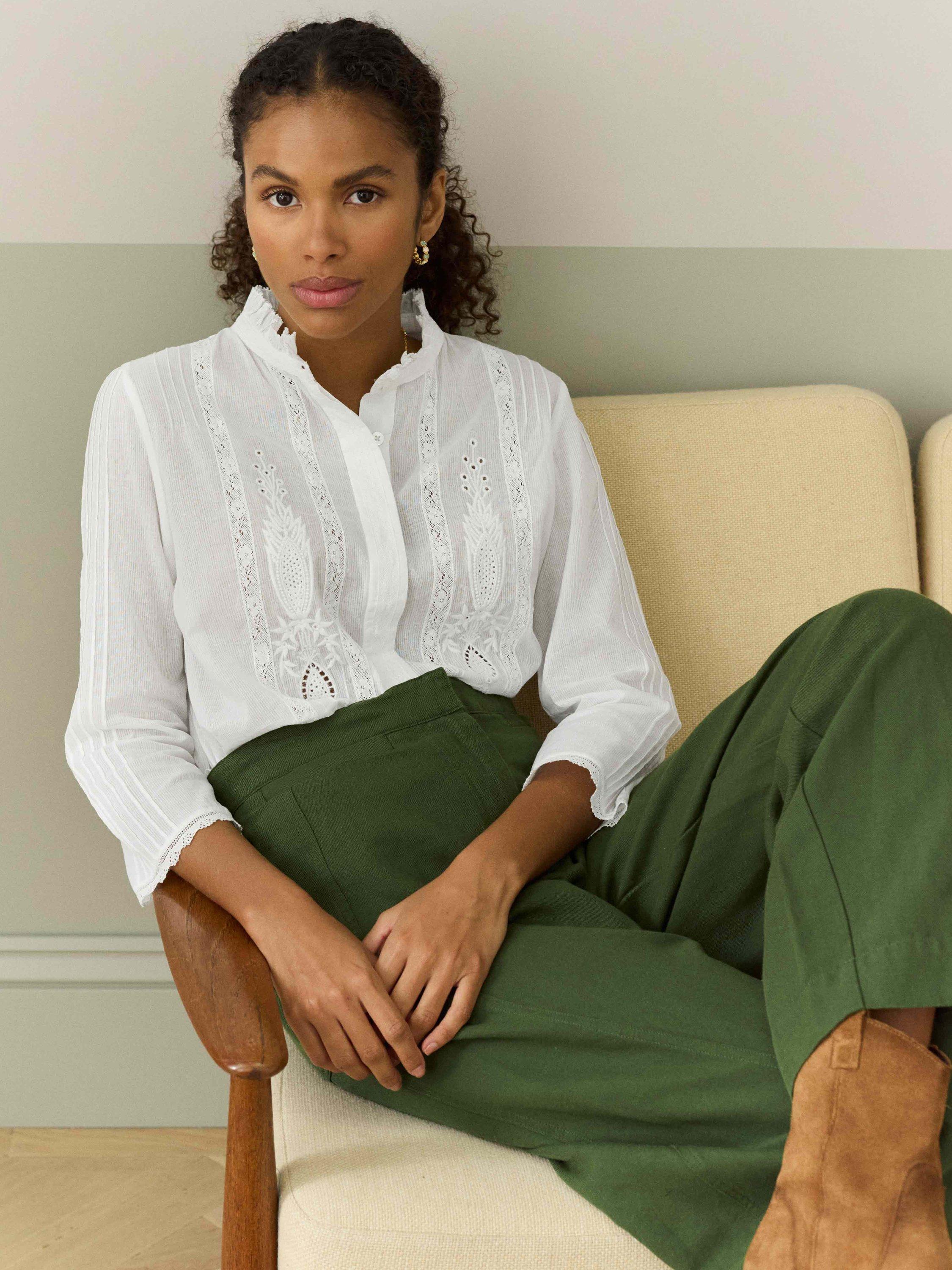 Brora Organic Cotton Applique Blouse, White