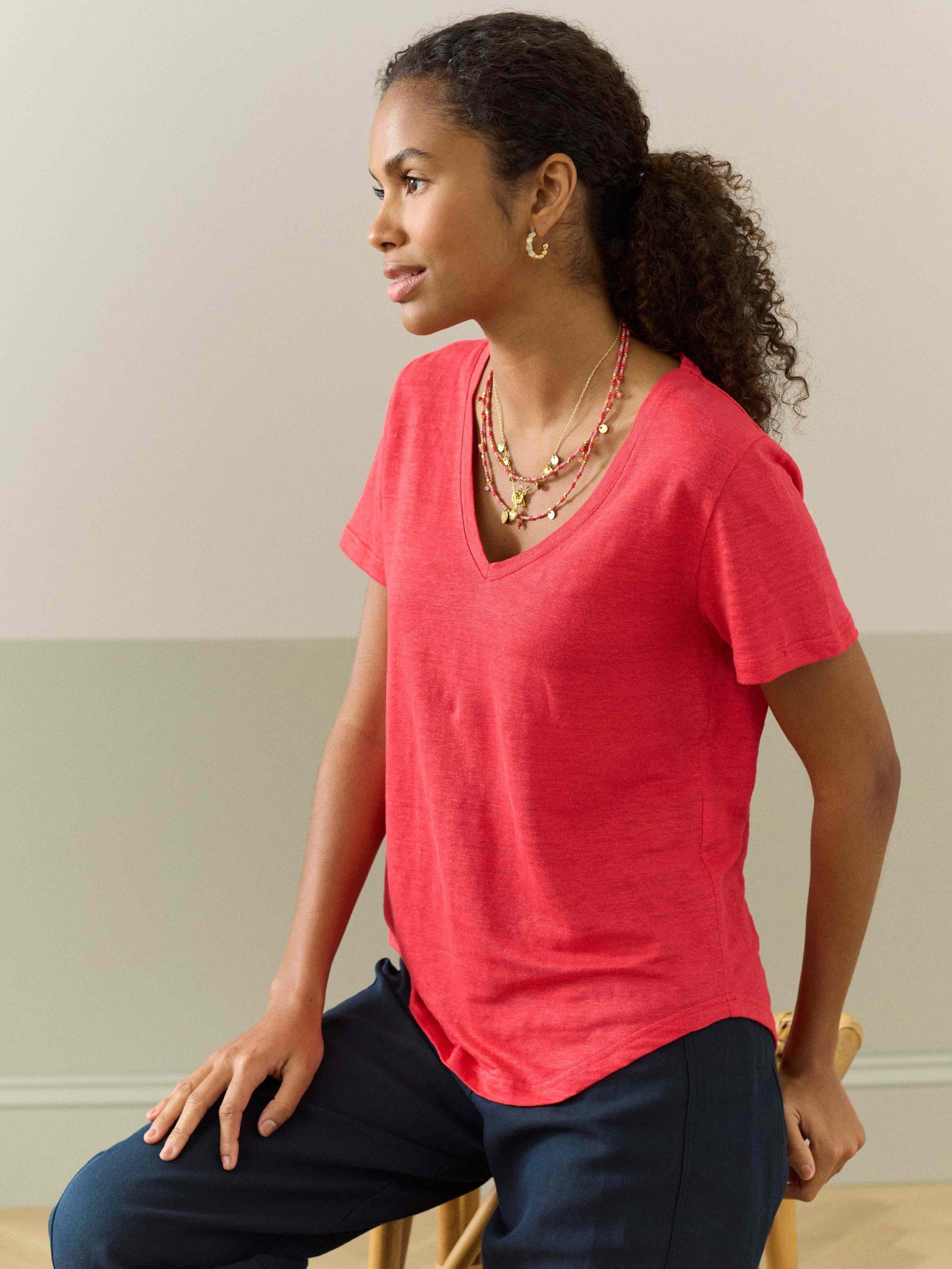 Brora Linen Knit V-Neck T-Shirt, Mid Red