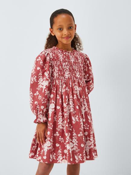 John Lewis Heirloom Collection Kids' Floral Smocked Textured Dress, Red, Red