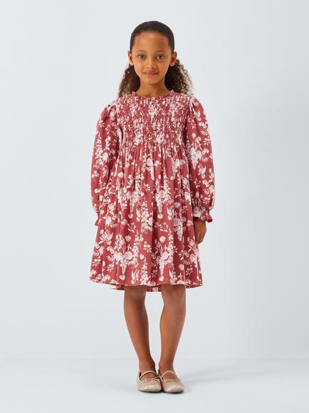 John Lewis Heirloom Collection Kids' Floral Smocked Textured Dress, Red - view 2, Red