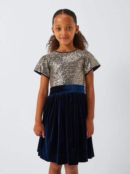 John Lewis Heirloom Collection Kids' Sequin Velour Party Dress, Navy, Navy