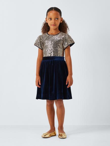 John Lewis Heirloom Collection Kids' Sequin Velour Party Dress, Navy - view 2, Navy