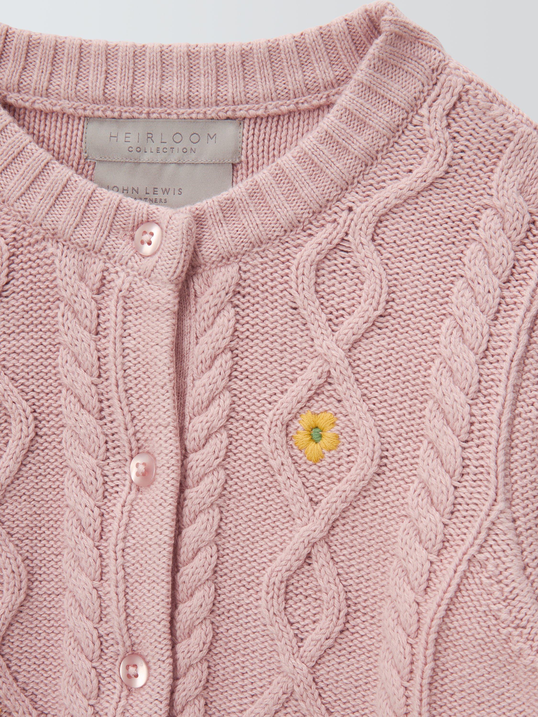 Product image 3 of 3, which shows John Lewis Heirloom Collection Kids' Embroidered Cable Knit Cardigan, Pink, 3 years