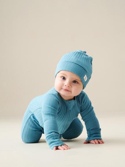 Angel & Rocket Baby Cotton Rib Sleepsuit & Hat Set, Blue, Blue