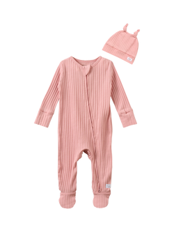 Angel & Rocket Baby Cotton Rib Sleepsuit & Hat Set, Pink, Pink
