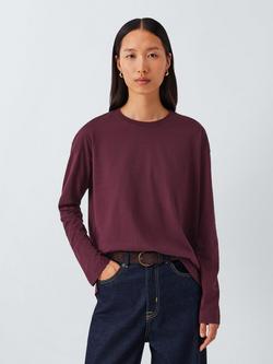 John Lewis Oversized Fit Organic Cotton Long Sleeve T-Shirt, Burgundy, Burgundy