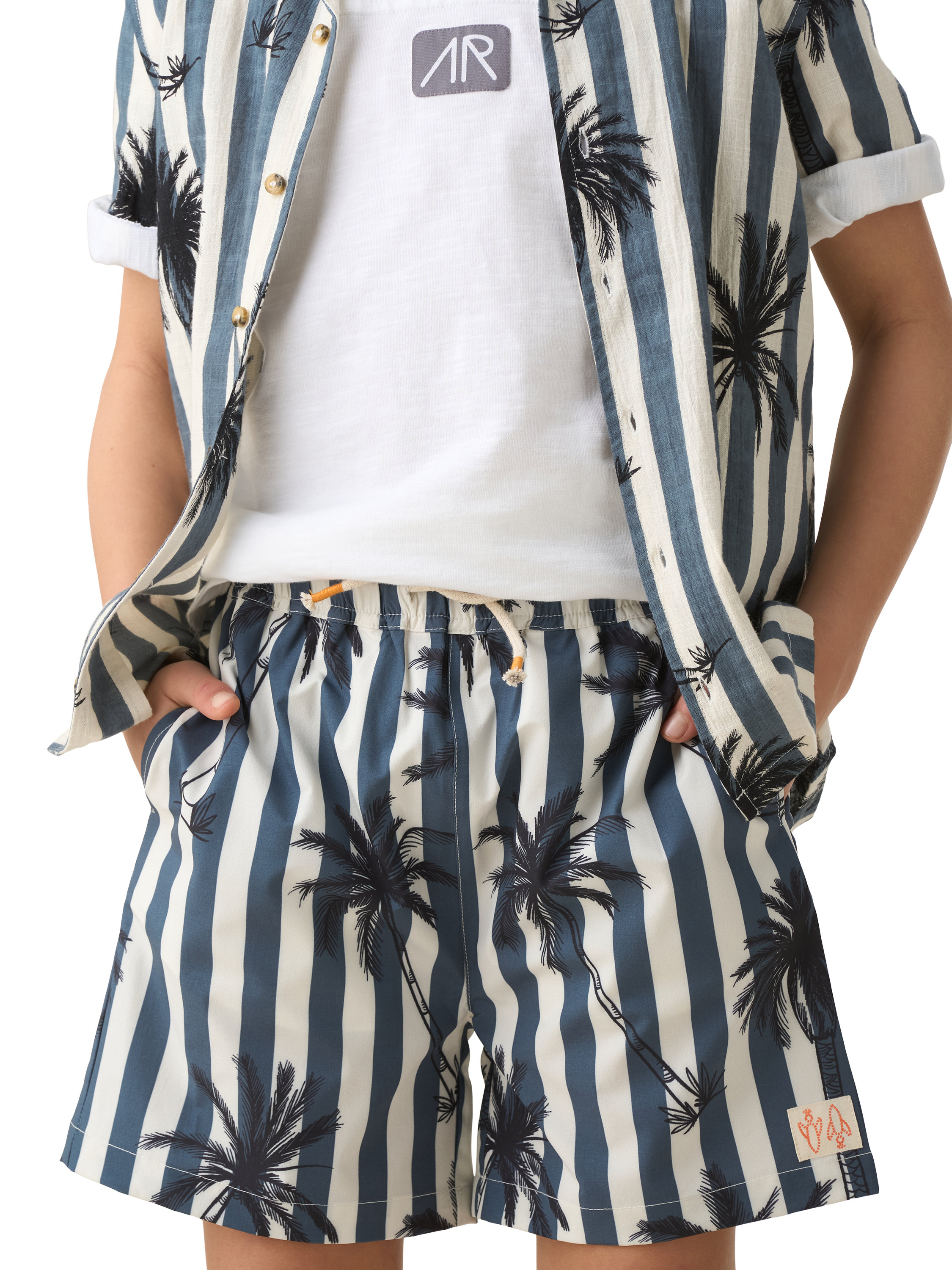 Product image 1 of 6, which shows Angel & Rocket Kids' Palm Print Swim Shorts, Multi, 3 years