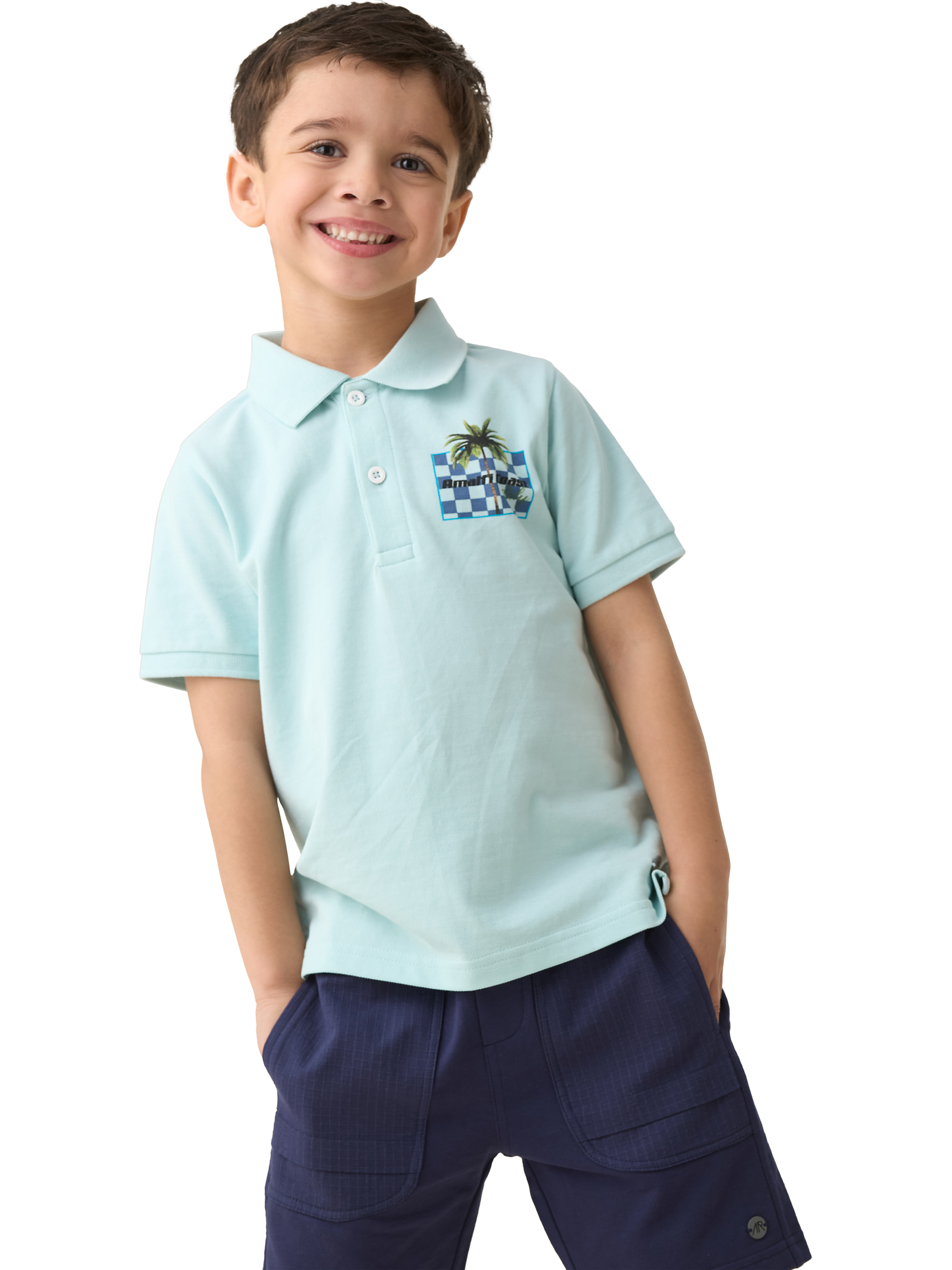 Product image 1 of 8, which shows Angel & Rocket Kids' Arlo Back Print Polo Top, Blue/Multi, 3-4 years