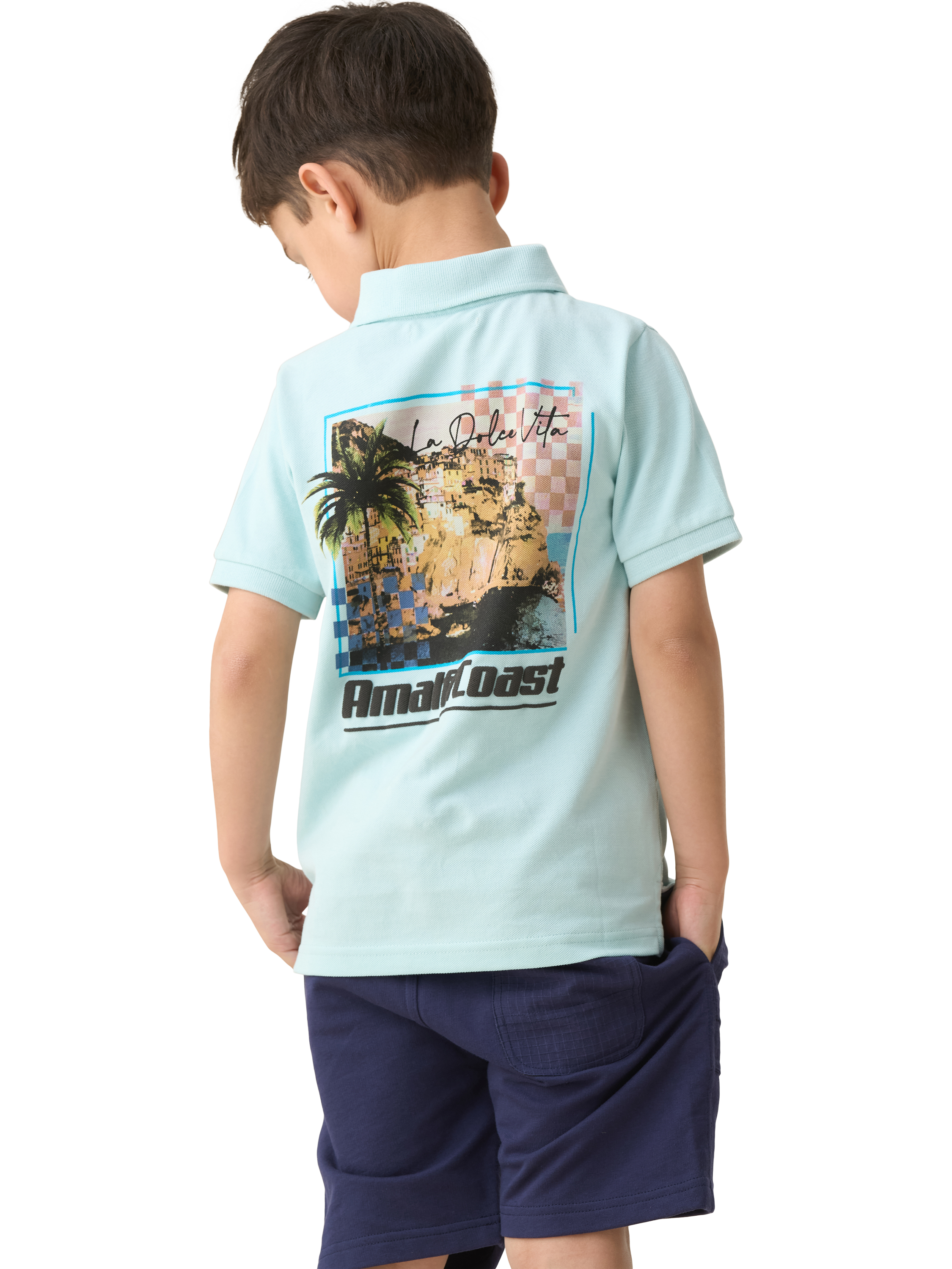 Product image 2 of 8, which shows Angel & Rocket Kids' Arlo Back Print Polo Top, Blue/Multi, 3-4 years
