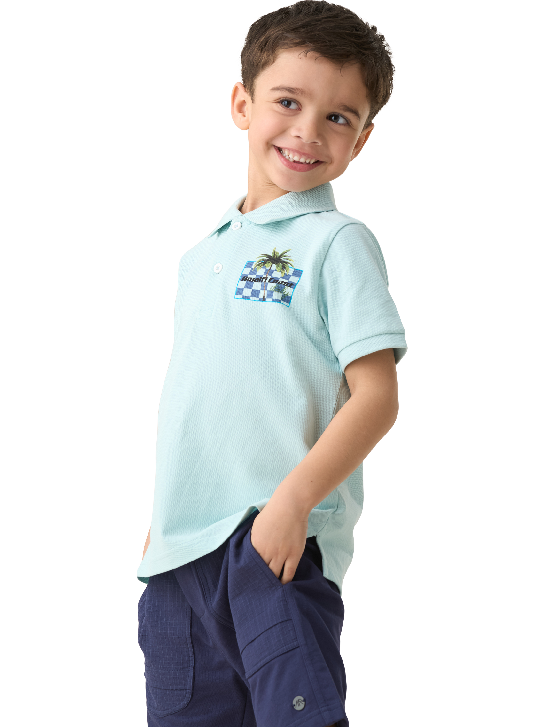 Product image 3 of 8, which shows Angel & Rocket Kids' Arlo Back Print Polo Top, Blue/Multi, 3-4 years