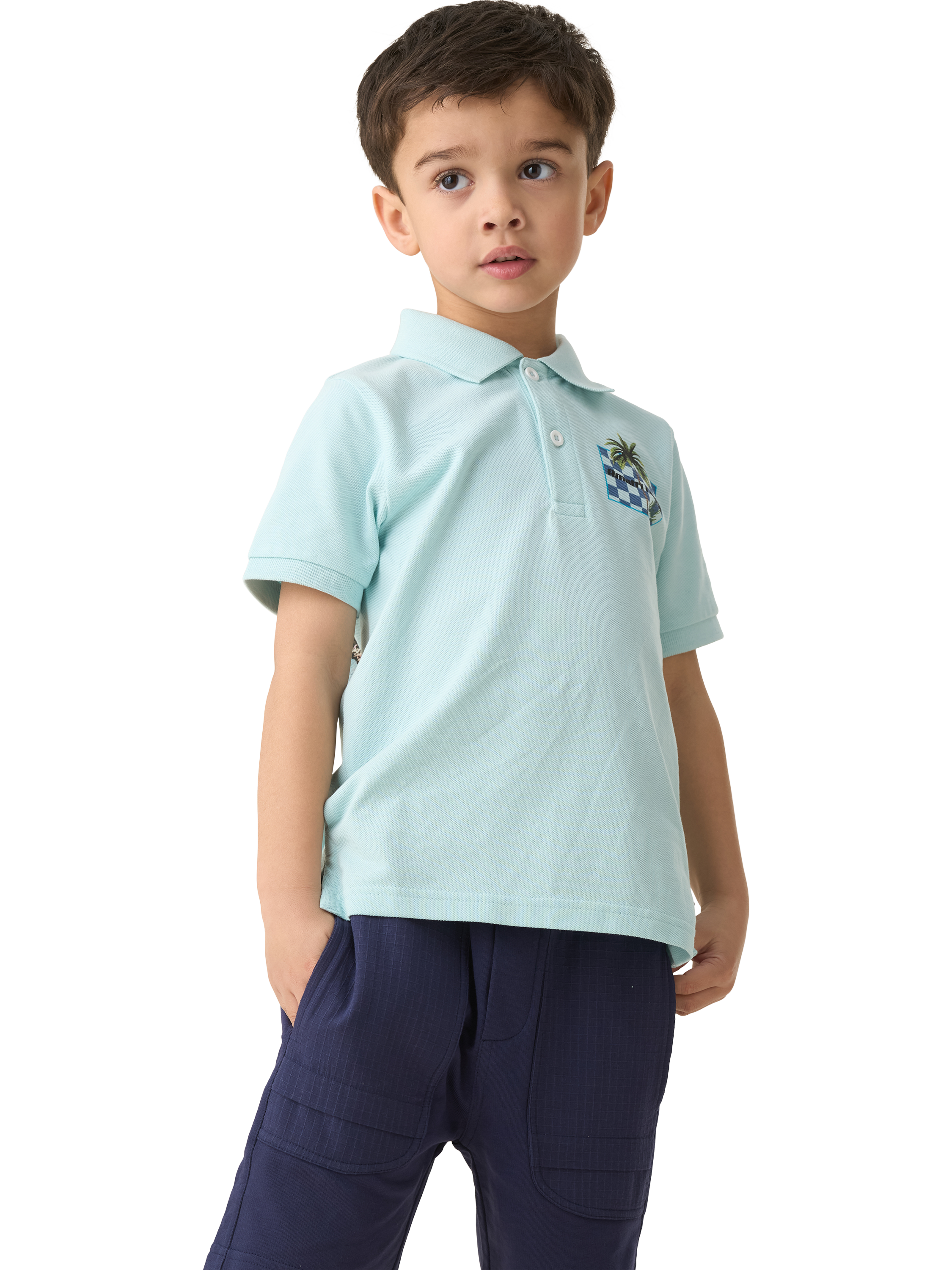 Product image 4 of 8, which shows Angel & Rocket Kids' Arlo Back Print Polo Top, Blue/Multi, 3-4 years