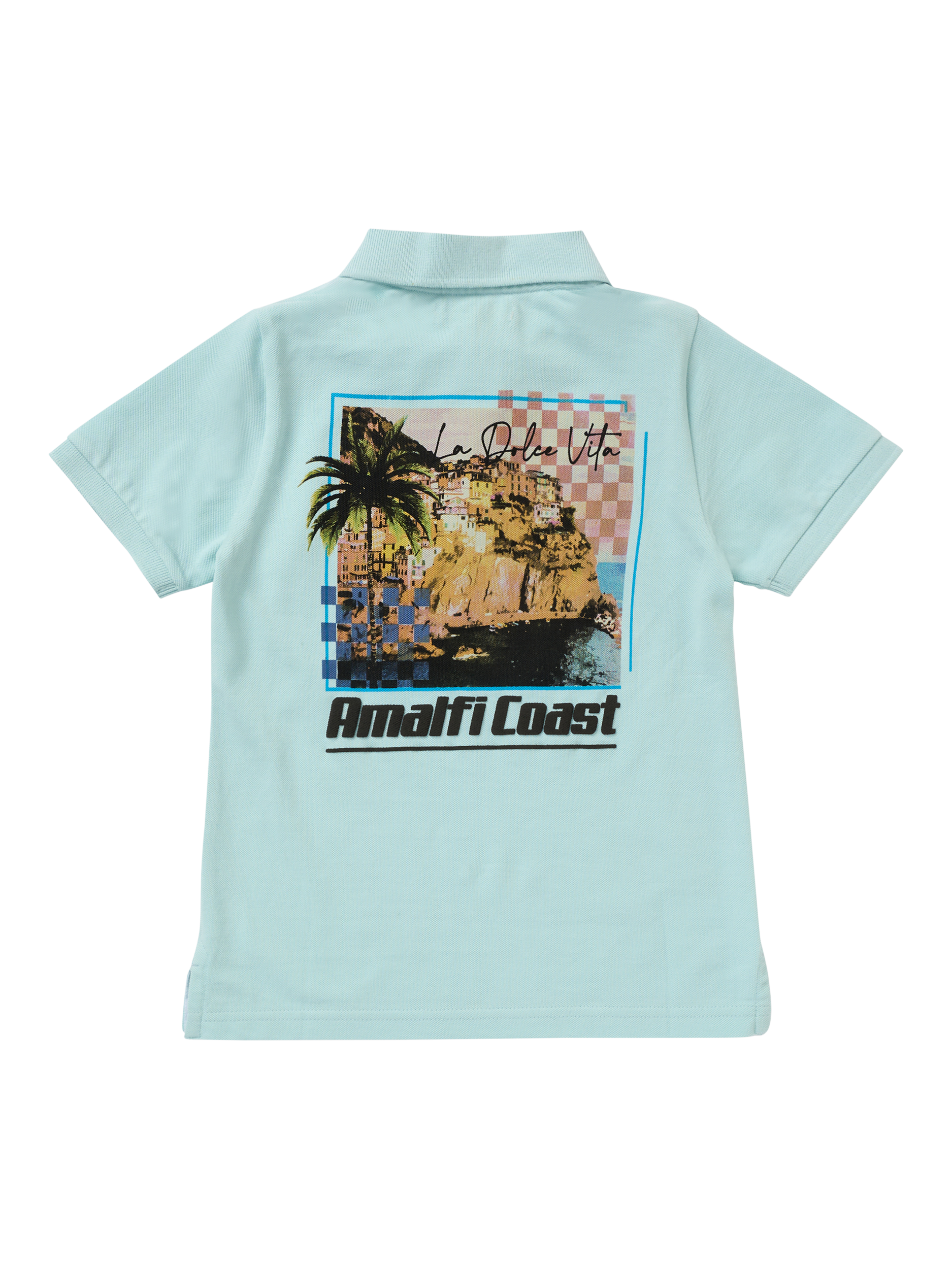 Product image 7 of 8, which shows Angel & Rocket Kids' Arlo Back Print Polo Top, Blue/Multi, 3-4 years