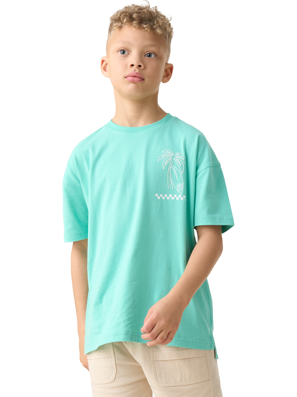 Product image 1 of 8, which shows Angel & Rocket Kids' Jay Back Print T-Shirt, Aqua, 3-4 years