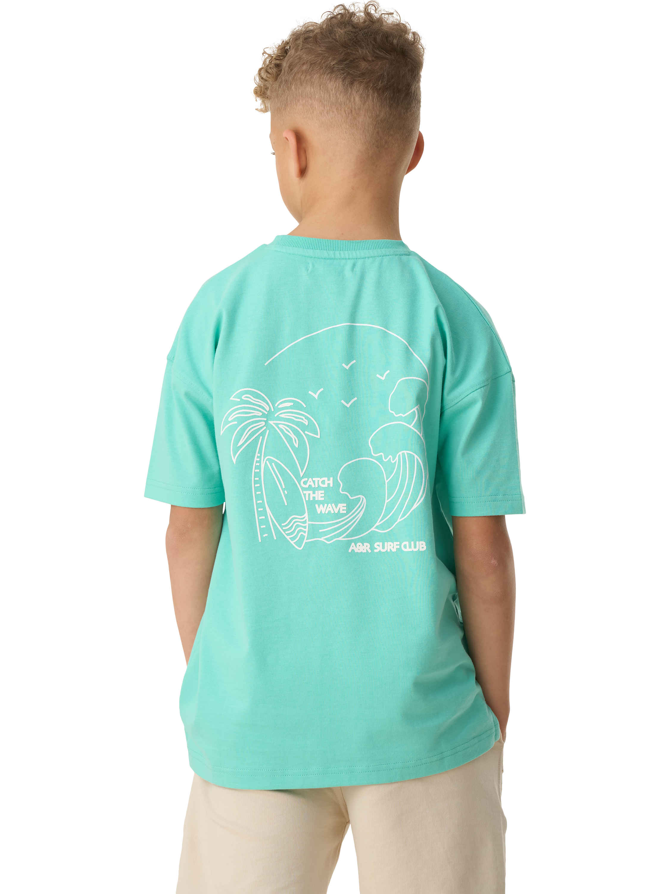 Product image 2 of 8, which shows Angel & Rocket Kids' Jay Back Print T-Shirt, Aqua, 3-4 years