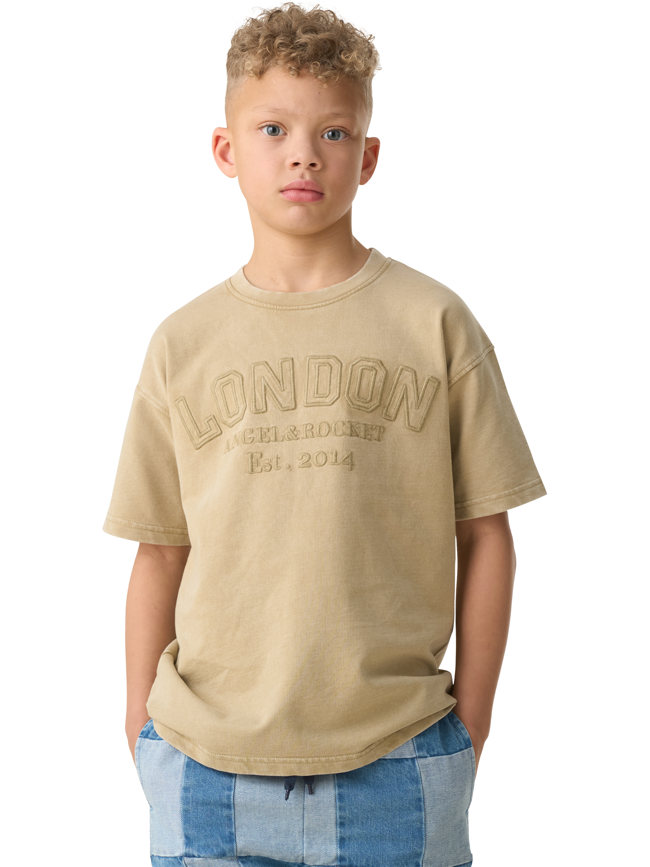 Product image 1 of 7, which shows Angel & Rocket Kids' Chester Embroidered Washed T-Shirt, Tan, 3-4 years