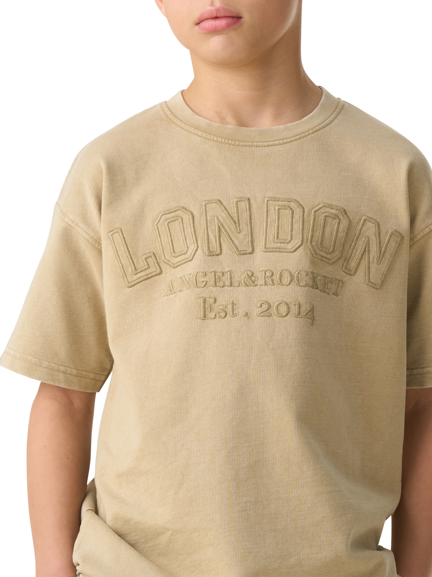 Product image 2 of 7, which shows Angel & Rocket Kids' Chester Embroidered Washed T-Shirt, Tan, 3-4 years
