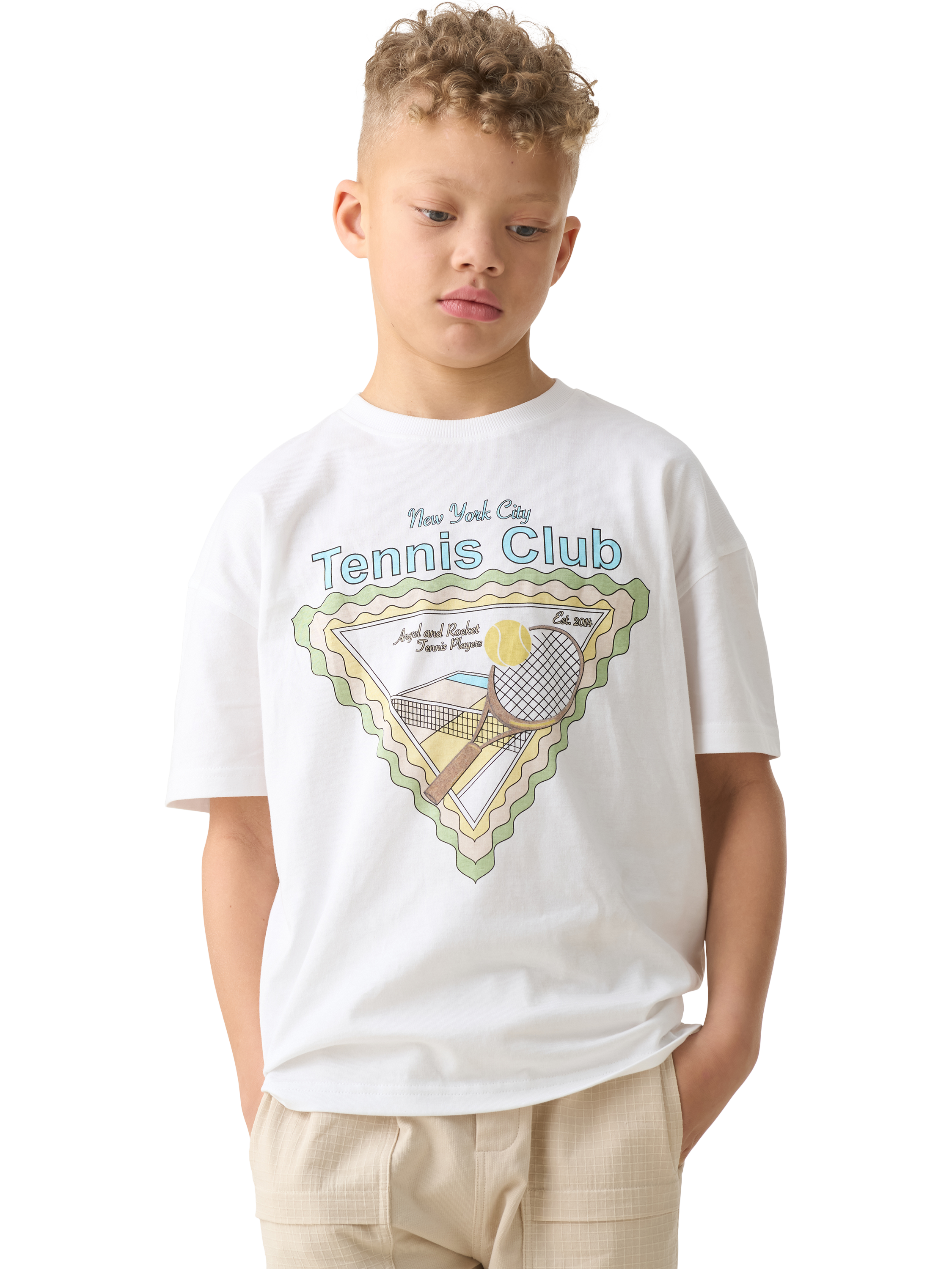 Product image 1 of 6, which shows Angel & Rocket Kids' Jordan Tennis Graphic Print T-Shirt, White/Multi, 3-4 years