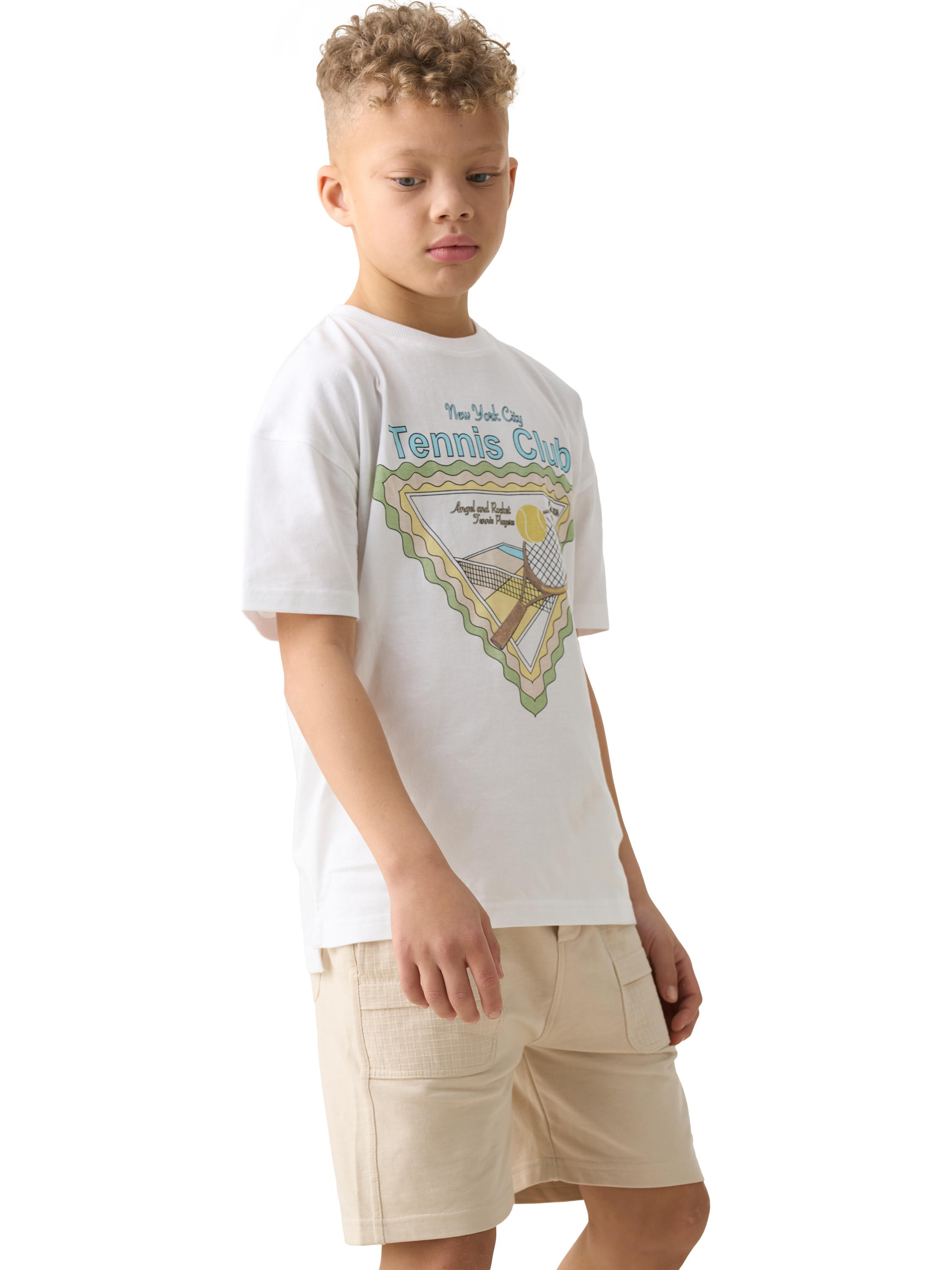 Product image 2 of 6, which shows Angel & Rocket Kids' Jordan Tennis Graphic Print T-Shirt, White/Multi, 3-4 years