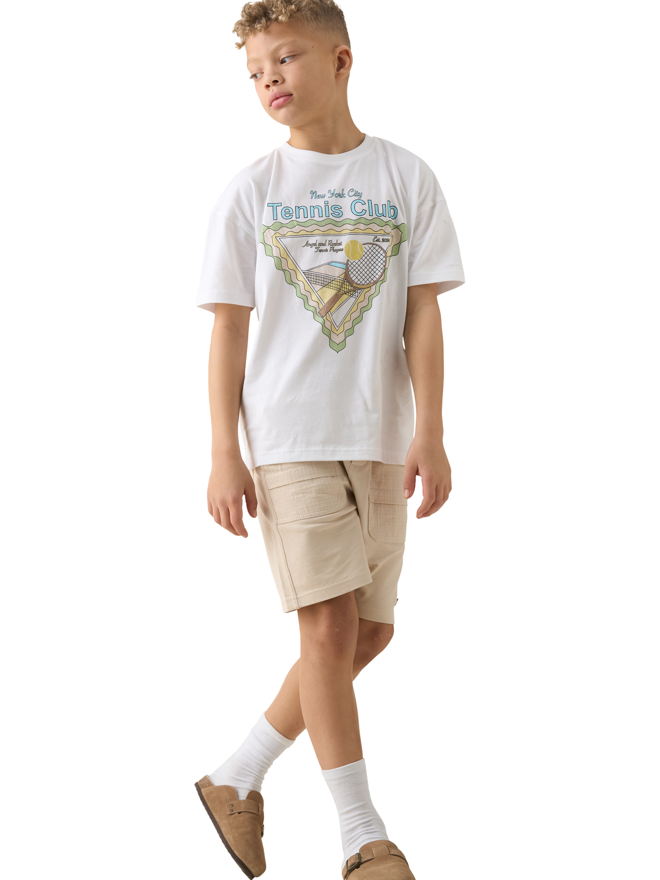 Product image 3 of 6, which shows Angel & Rocket Kids' Jordan Tennis Graphic Print T-Shirt, White/Multi, 3-4 years
