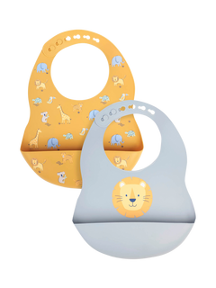JoJo Maman Bébé Silicone Safari Bib, Pack of 2, Blue, One Size