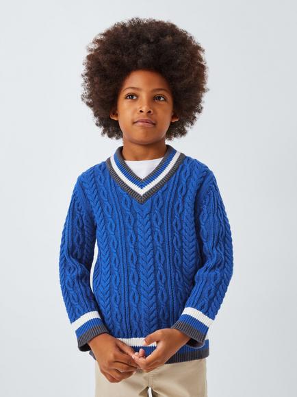 John Lewis Kids' Contrast Trim V-Neck Cable Knit Jumper, Crown Blue, Crown Blue