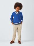 John Lewis Kids' Contrast Trim V-Neck Cable Knit Jumper, Crown Blue
