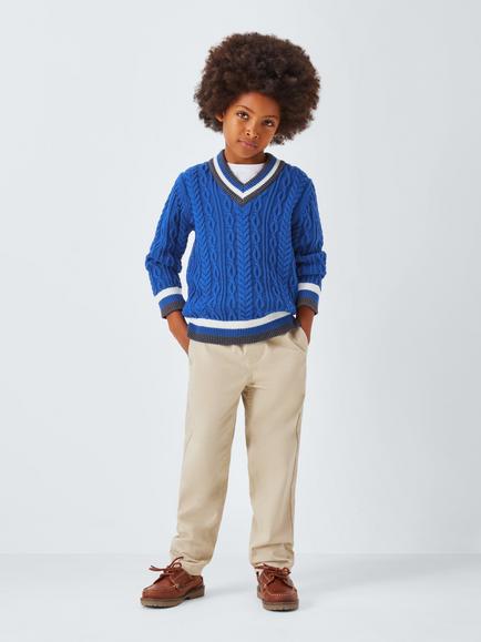 John Lewis Kids' Contrast Trim V-Neck Cable Knit Jumper, Crown Blue - view 2, Crown Blue